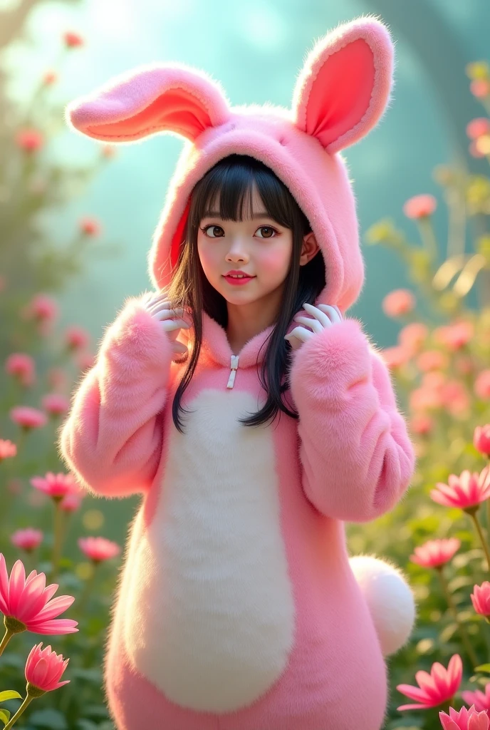 strawberry pink cute girl whole body Wearing a rabbit hat, Long sleeve white dress, And heeled shoes. Her black bangs peeked out from under her hat、Each eye has three eyelashes。. Shine; Sparkling strawberryの花