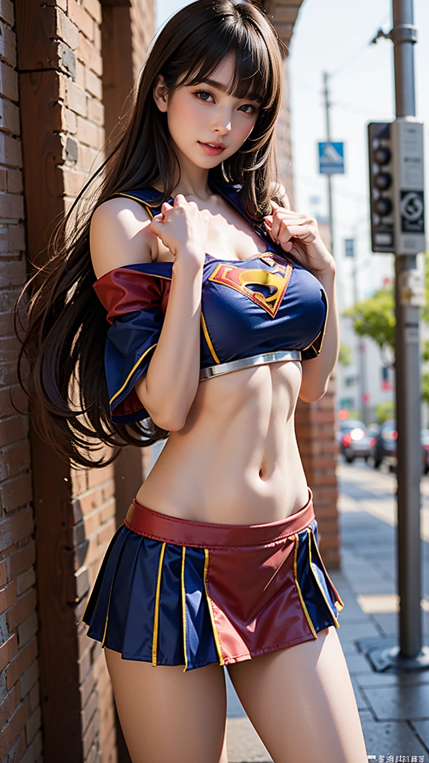 (( best quality, best resolution, Absurdidade, Masterpiece)) 1Mulher(supergirl), jovem brasileira (25 anos, longos cabelos loiros, cabelo amarrado em um rabo de cavalo, Seios enormes, rosto detalhado, corpo definido, olhos azuis cintilantes) posing for a photo wearing cheerleading outfit and holding pom poms, mini saia plissada, good hand,4k, high resolution, master piece, best quality, Head:1.3,((fotografia Hasselblad)), pele finamente detalhada, Fogo afiado, (cinematic lighting), luz artificial, soft lighting, Dynamic angle, [:(rosto detalhado:1.2):0.2], prega axilar, lacuna na coxa, roupas pretas, clivagem, Outside,