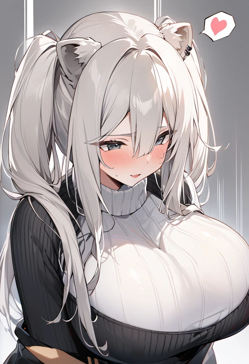  Shishirabotan、  black knit clothes 、Vertical sweater、 black sweater、huge breasts:1.5、sagging breast:1.5、 1 girl、 Portrait、Speaking Heart、 focus on face 、 straight hair 、 twin tails、 slightly disheveled hair、White Lion、Vertical white lines on clothes