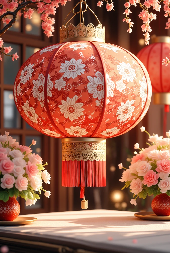 This is a digital artwork celebrating the Chinese New Year,specifically the year 2025,rendered in a vibrant,detailed,and slightly stylized CGI style. The main subject is a large,ornate red lantern with intricate,