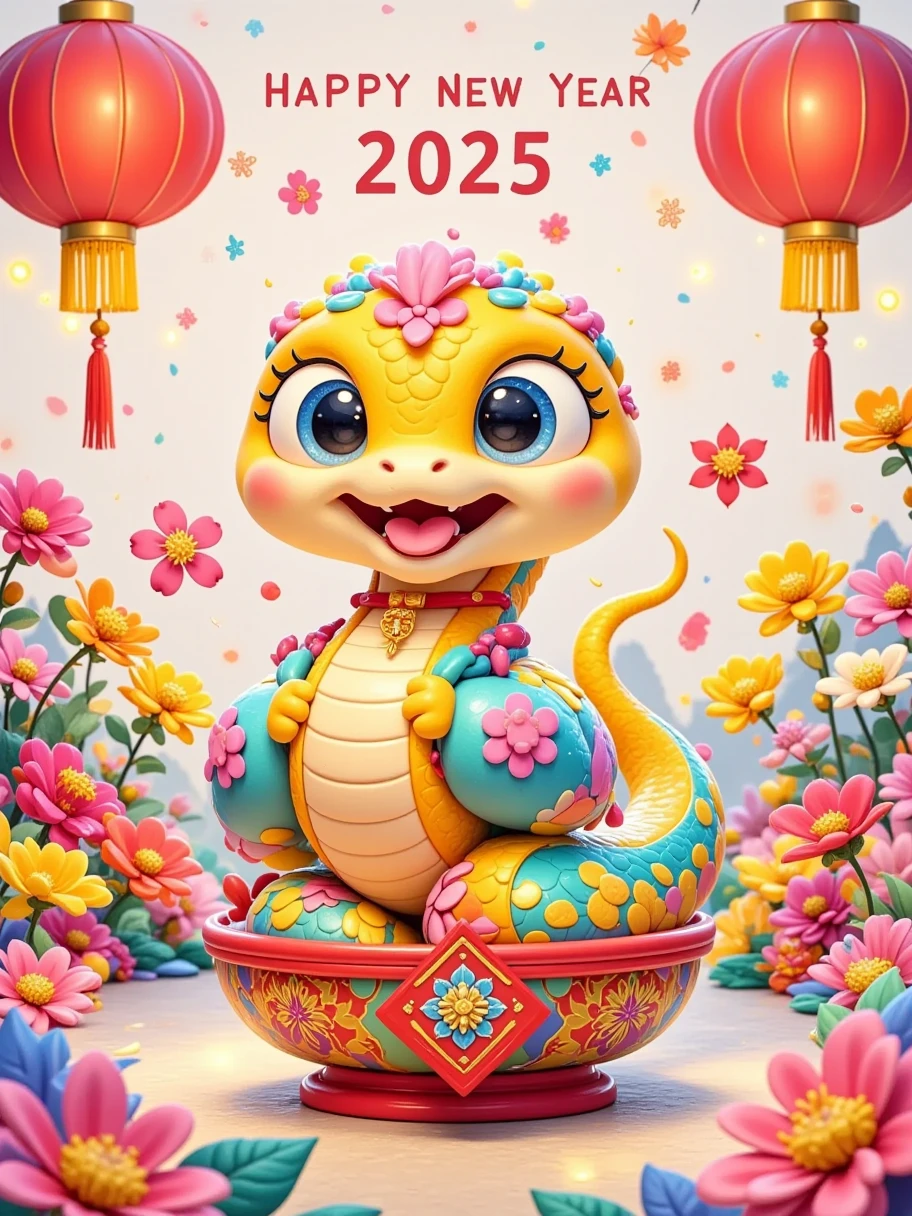  A cute snake， simple graphic illustration style ， with colorful flowers and lanterns all around。 with “Happy New Year” written on the top of the screen ， with “2025” written below 。 background is white ， vector graphics，Simple shapes，Flat design，There are also Chinese elements 。 This is a minimalist composition 。