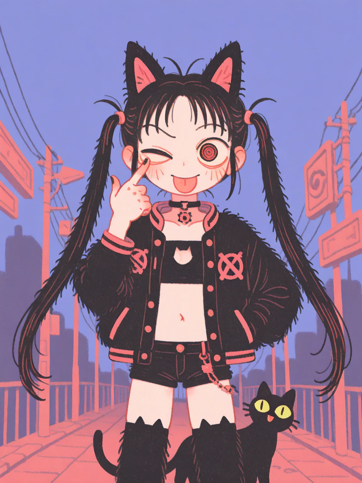 (solo:1.2),1girl\(cute, kawaii,(evil smile),akanbe, eyelid pull, tongue out, finger to eye, hand up, :p, index finger raised ,one eye closed, (black hair:1),(long hair),(twin tails hair),pale skin, red eyes,(detailed eyes:1.4),spiral eye, eyes shining, (big eyes),(breast:1.4),(punk fashion:1.6),(ripped clothes:1.3),(tight tube top),(tight hot pants),(stomach shown:0.8),(abs:0.8),(ripped black short jacket:1.4),(fluffy black cat-ear:1.6),(fluffy black cat-ear:1.6),(dynamic pose:1.4)\)),(bang:1.2)\). BREAK .background\(outside, noisy city, backstreet, narrow street, neon lights, at night\).(close up of face:1.5),(close up of face:1.5),pop art,vivid color, (graffiti art:0.5)