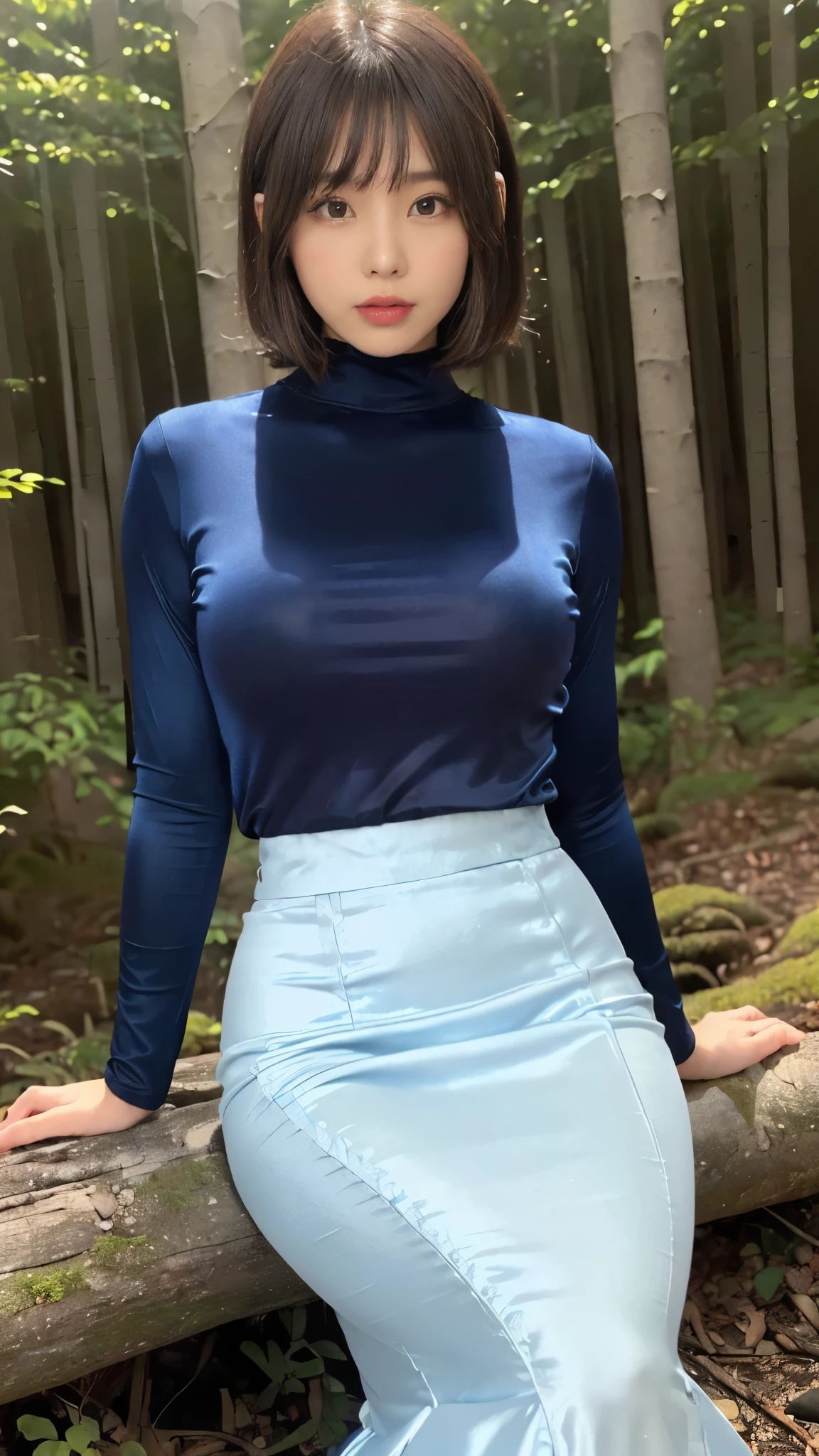 (masterpiece, top quality , super high res), extremely detailed CG,   short bob style bang  、 beautiful faces、((( very beautiful Japanese woman))),((High waisted mermaid pencil skirt made of bright shiny pale blue satin fabric)),((( Long Skirt )))、(((This high neck long sleeve t-shirt is made of bright silver satin fabric)))、((((Sitting in a dark forest)))), Sexy thigh line 