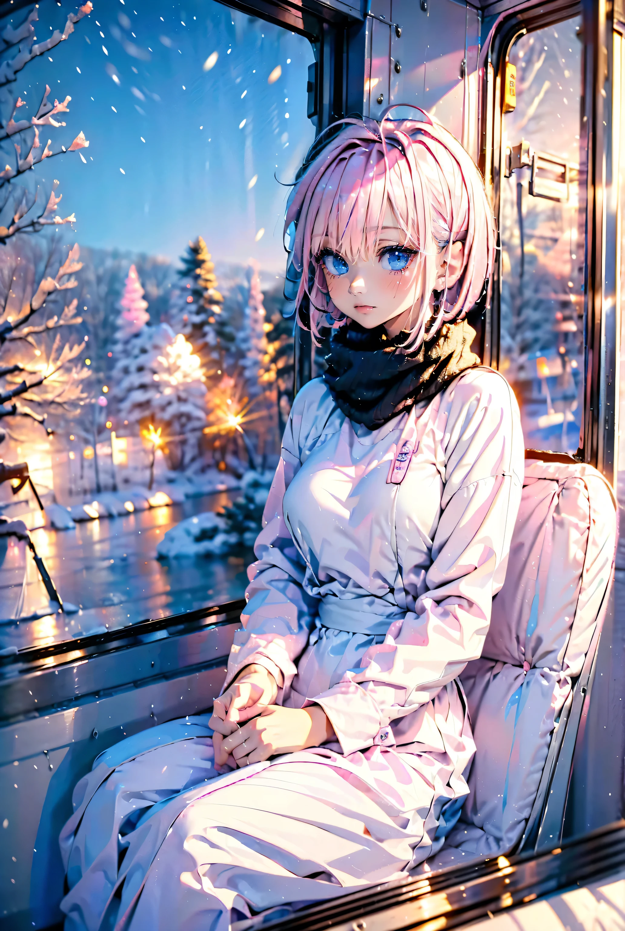 1girl,cute,solo,(((pink short hair,blue eyes))),
in train,the window at the snow,from side,