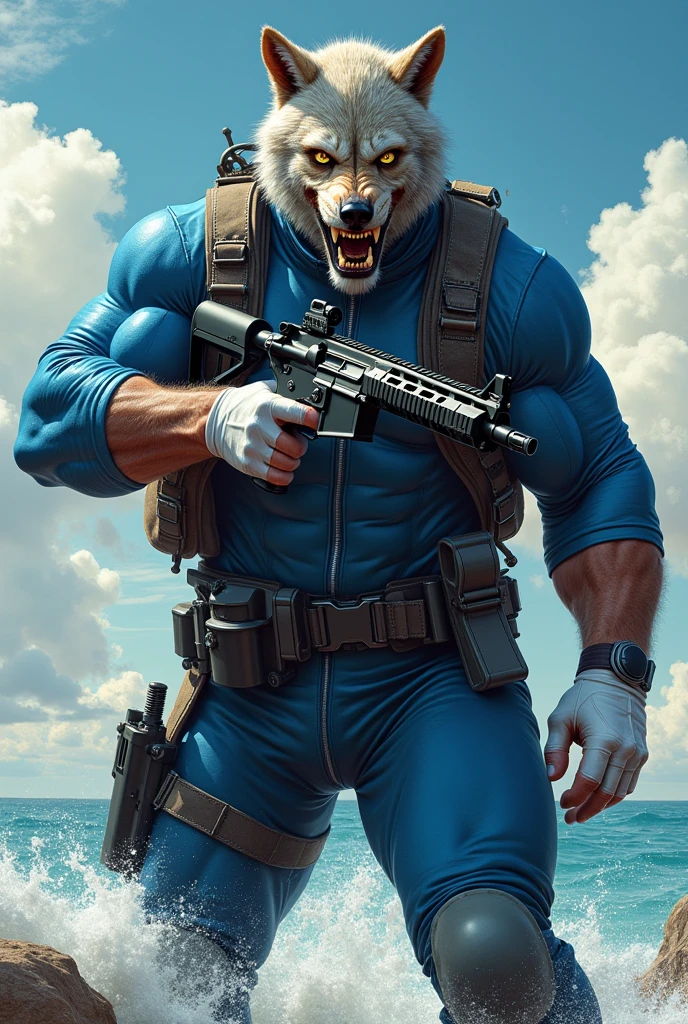 (A rugged beefy extremely muscular bulky old man), (wearing blue fullbody zipper wetsuit), (wearing realistic roaring wolf mask), shooting with rifle, wearing bulky harness, wearing bulky scuba gear, muscular physique, toned muscles, fierce, heroic, action, comic artstyle, bulky best quality, wearing white combat gloves. wearing gun holster on left thighs, dynamic action pose, fierce expression, showcasing an imposing stature, powerful, best quality image, action-packed atmosphere, masterpiece.