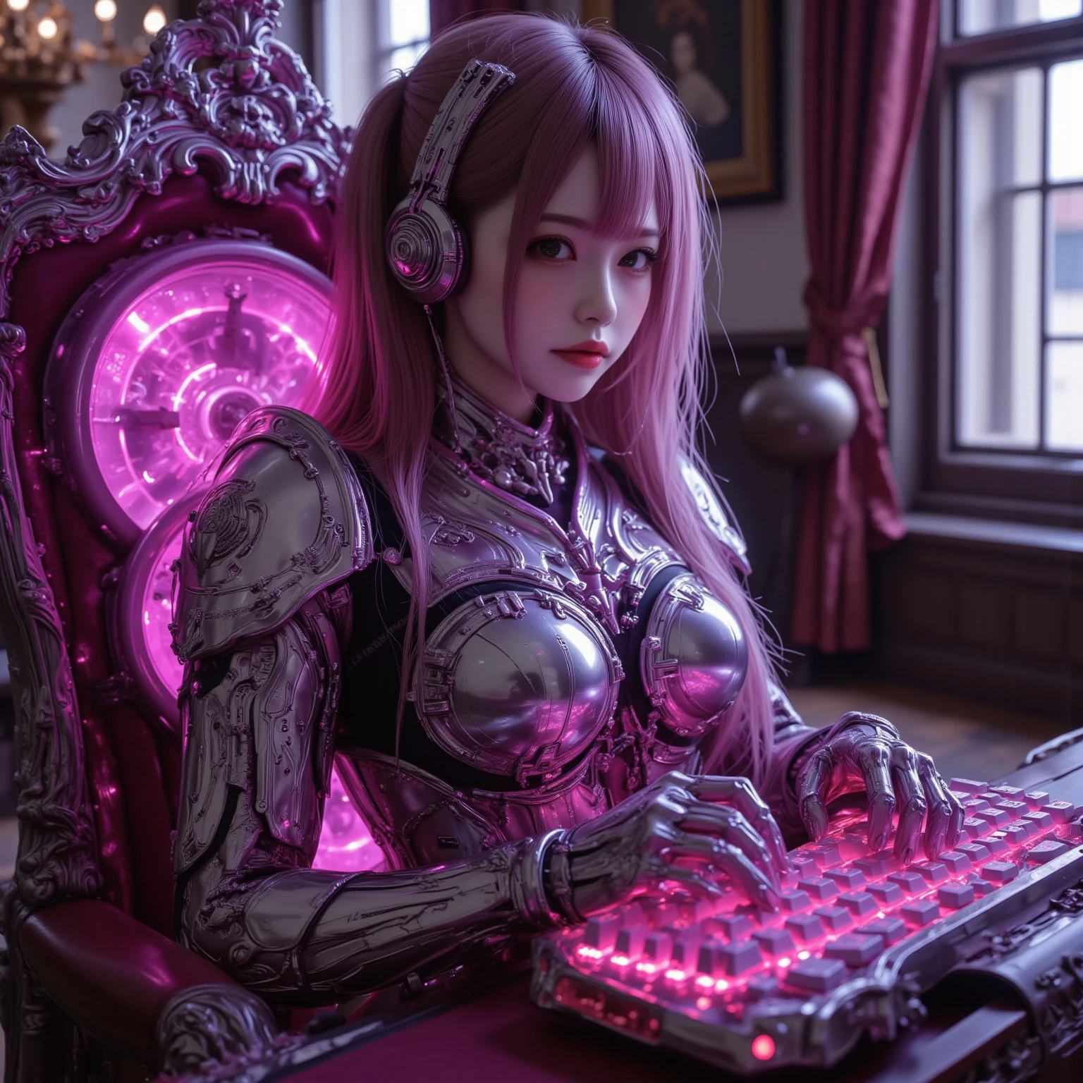 ultra-realistic, photorealistic, dramatic scene, shadow, global-illumination, solo, perfect anatomy, perfect fingers, (teenage Japanese famous idol girl but cyborg), very beautiful with very cute face, detailed face skin texture, (modern maid but cyborg), intricated complex cyber punk mechanical neon body, (her cyborg body is fully covered with extremely detailed futuristic mechanical armored suits), absolutely complex cyborg body, neon markers are integrated in her body, (very large breasts), slim waist, She is enjoying an online game using a desktop computer by herself at the desk in her room in old European castle, gorgeous antique gaming chair, neon marker integrated full-tower gaming computer, neon keyboard, antique furnishing, purple with pink