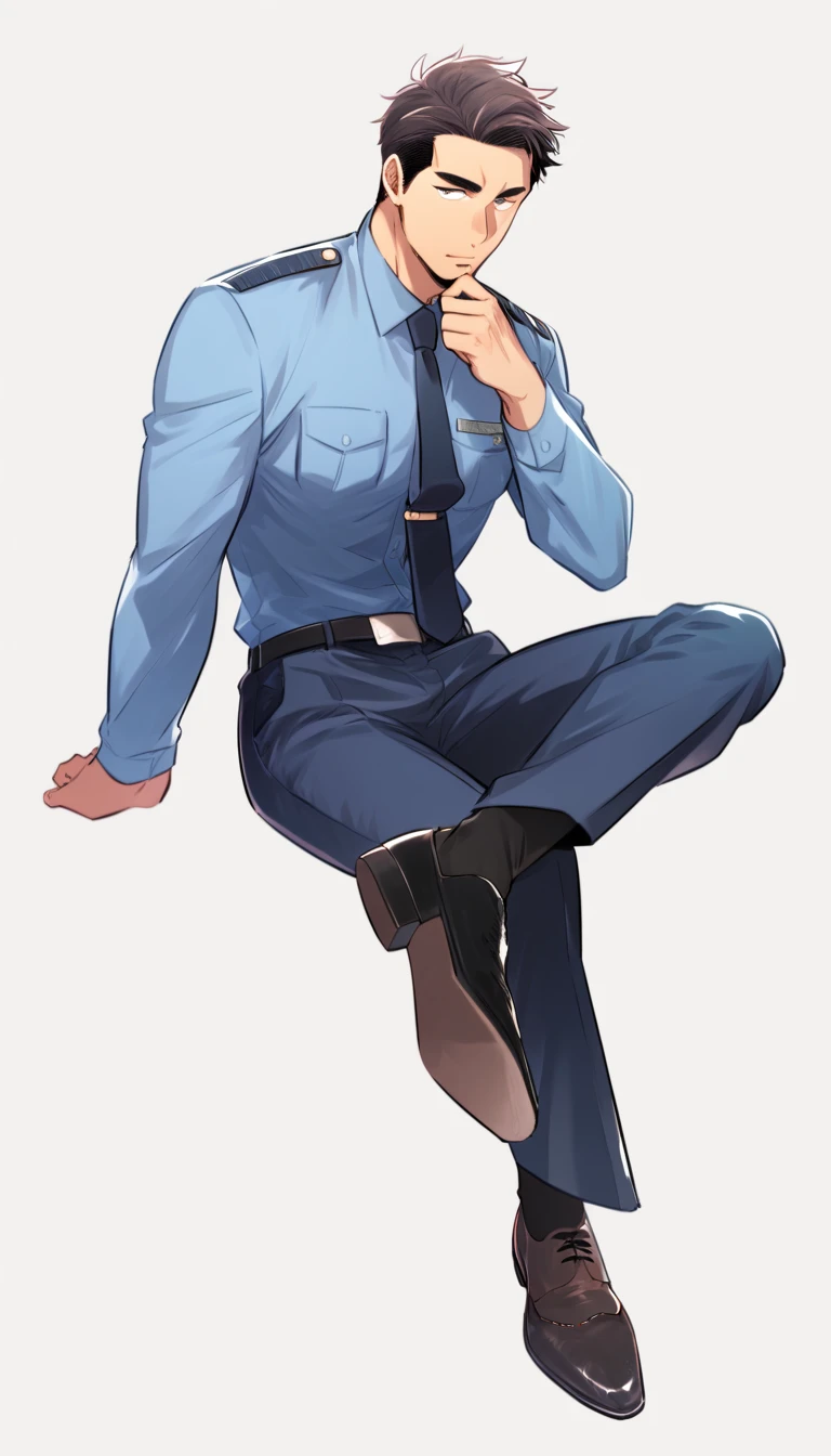 male focus, solo, ikemen, mature, male only, tough man, bold, eyes fix, flat chest, sturdy waist, 50 years old, office worker, collared shirt, tie, three piece suit, belt, slacks, tight clothes, whole body, sitting, invisible chair,  looking at viewer, (white background, simple background:1.5), masterpiece, best quality, mta, foor worship, showing his socked foot:2, long tube calf black or blue fancy socks,, dominating male pose:2, muscle, lick his shoe sole, policemen guy, long shot:1.5 