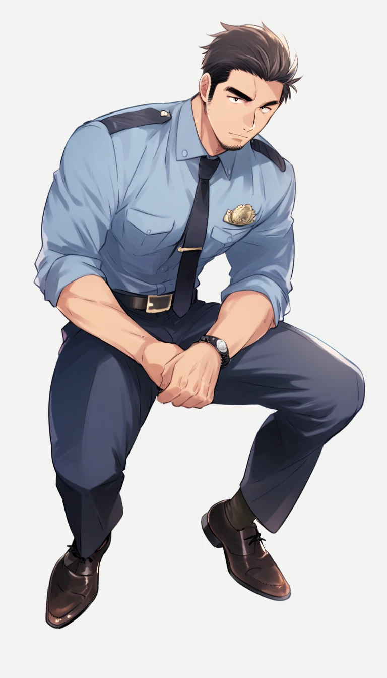 male focus, solo, ikemen, mature, male only, tough man, bold, eyes fix, flat chest, sturdy waist, 50 years old, office worker, collared shirt, tie, three piece suit, belt, slacks, tight clothes, whole body, sitting, invisible chair,  looking at viewer, (white background, simple background:1.5), masterpiece, best quality, mta, foor worship, showing his socked foot:2, long tube calf black or blue fancy socks,, dominating male pose:2, muscle, lick his shoe sole, policemen guy, long shot:1.5 