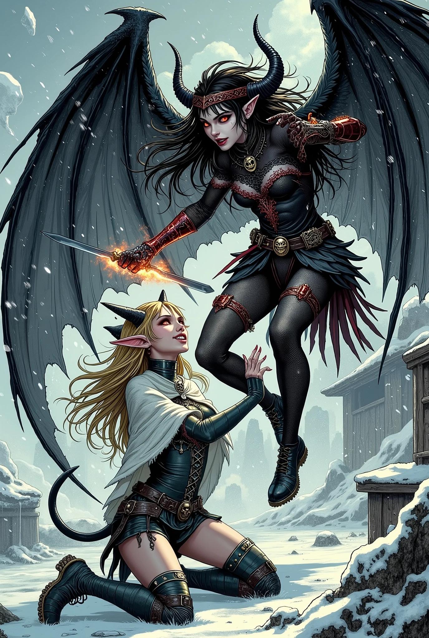 (Ultra-detailed face, Looking away, Fantasy Illustration with Gothic, Ukiyo-e. Dark tone colors. Ice Wind Dale, a city in the north. A dugout shack on a landing near a lake with frozen winter water. A big snowstorm.), BREAK 
(A fight between a cat-eared elf woman and a succubus. The succubus jumps down from the roof of the shack and cuts at the cat-eared woman with her clawed hands. The cat-ear elf woman gets down on one knee and crosses her daggers over her head to catch the succubus' claws. A line of light radiates around the intersection of the dagger and the claw. Speed lines.), BREAK 
(A cat-eared elf woman with dyed gold and black hair, a pair of cat ears on her head, orange eyes, wrinkled brows and clenched teeth, brown skin, and dark, thick eyeliner.), BREAK 
(The cat-eared elf woman wears a blue choker, a white thick woolen cape dress, and gray-green pin-heeled laced boots.), BREAK 
(The female demoness has jet-black hair and eyebrows, waist-length wavy messy hair, red glowing pupil-less eyes, small pink lips, translucent white skin, and dark, thick eyeliner. She breathes fire from her mouth with an expression of indignation.), BREAK 
(The demoness wears a hair ornament with a skull motif and a black braided body suit with red lace. She wears thin black net tights and a pair of raven-like wings flapping widely on her back.)