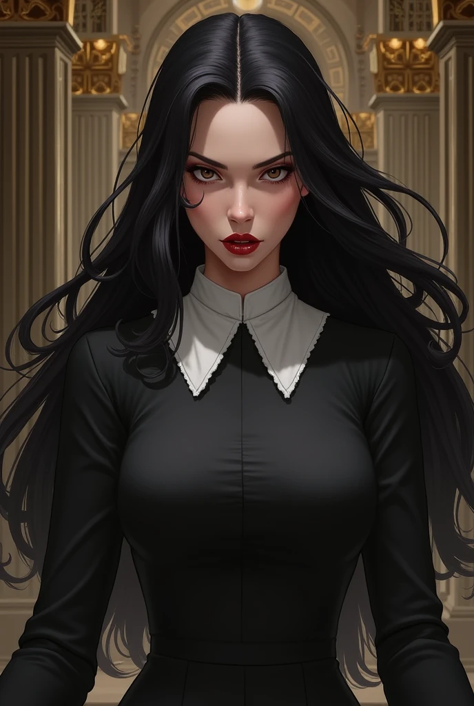 Close-up of a girl in a suit and tie, androgynous vampire, junji ito 4 k, with long dark hair, ito junji art, style of junji ito, Dark Costume, portrait of sadako of the ring, Gentle androgynous princess , Beautiful androgynous princess , with her long black hair, girl in suit, (big yellow eyes:1.3), detailing, extra high resolution, 8K, (The blood on her lips runs down her neck), (Lovely Medium Breasts), perfect anatomy, (Gloomy color scheme:1.5), (skinny body)
