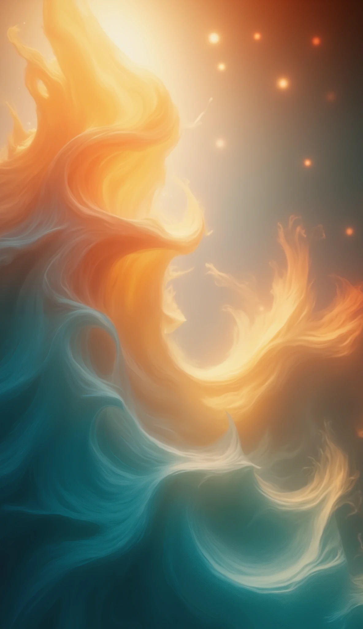 Create a phone wallpaper symbolizing energy, designed to inspire effortless action and joy. The image should feature a vibrant and dynamic composition: bold gradients of warm orange, golden yellow, and soft teal, blending into an uplifting, glowing background. Include elements like abstract waves, radiant light beams, and subtle sparkles to evoke movement and vitality. In the foreground, incorporate fluid shapes or swirling patterns symbolizing flow and ease. The overall style should be modern, fresh, and invigorating, perfect for motivating positive and joyful action.