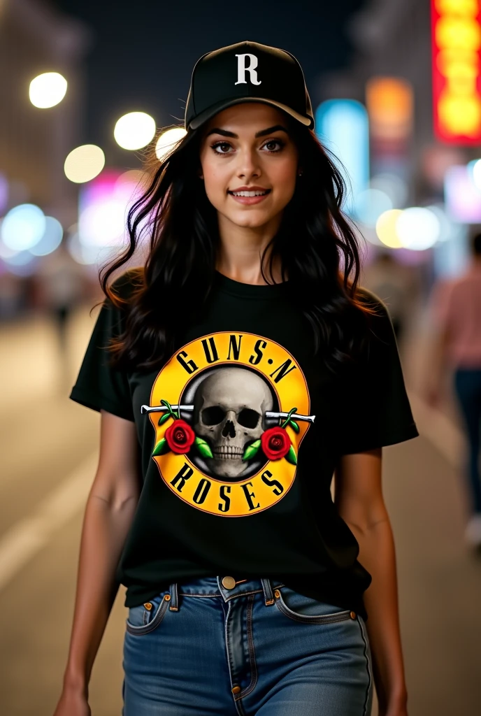 WHITE WOMAN WITH BIG ASS, with her hands on her buttocks opening her ass to show her vagina, looking at you , She's just wearing a Guns N Roses t-shirt and no pants
