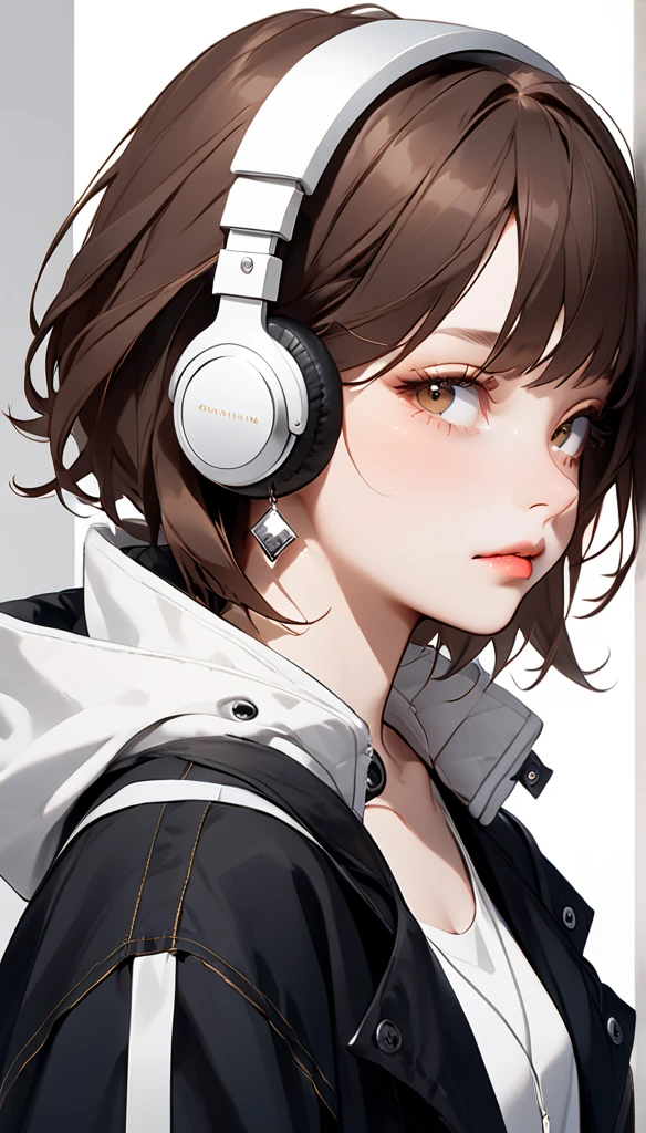 "A young woman with long bright brown hair, bright skin, and the soft expression , wearing an oversized black jacket. She wears silver headphones around her neck and has earrings in her right ear.  The background is plain white ."