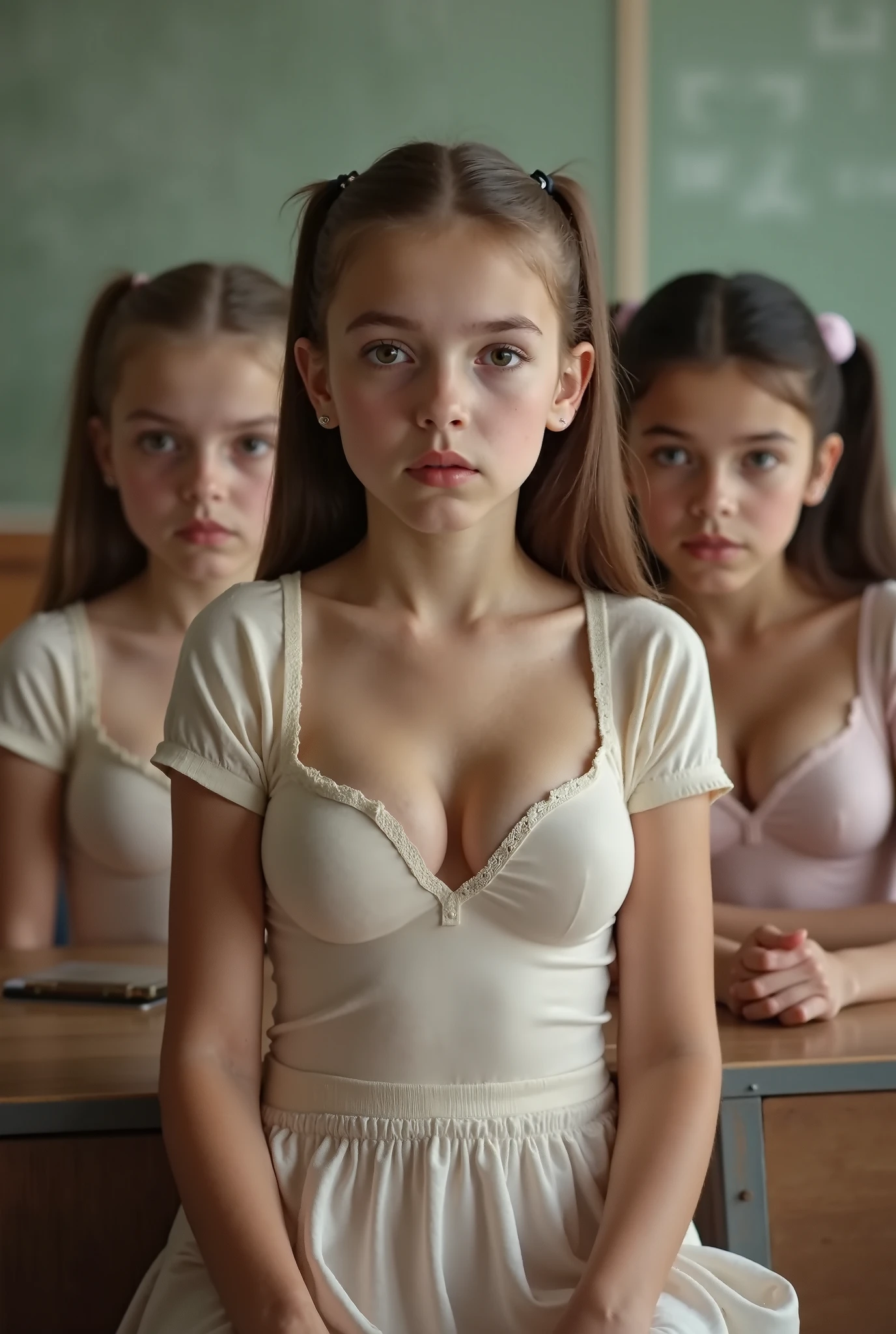 Ultra realistic full body photograph, young looking incredibly busty Slovak **** girls with cute innocent faces, skinny bodies, and large heavy plump breasts, in a classroom, cute short sleeve deep cleavage bra, skirt, serious expressions, brunettes, very long hair in slick ponytails, ****ars  old, High Resolution, (small stature) small nose, no make-up, 