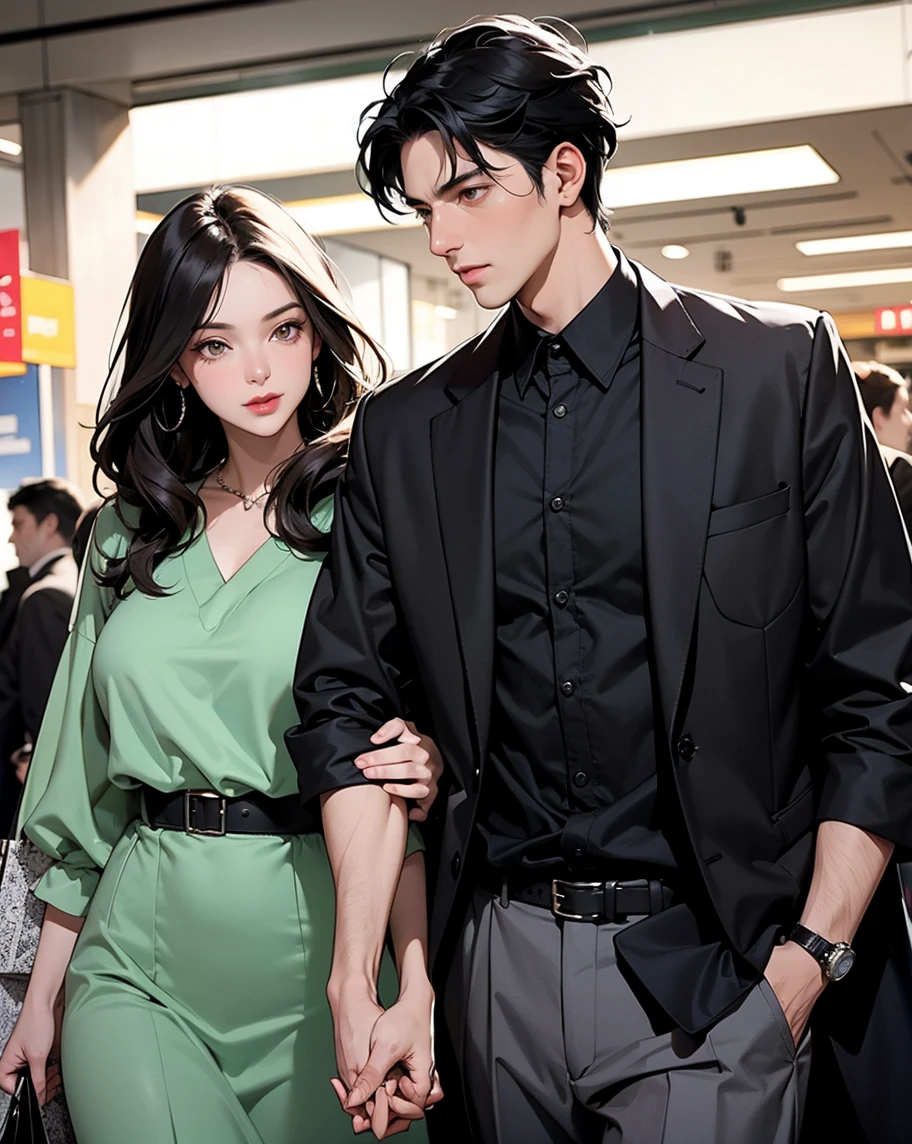  a well-dressed man in his early forties, black hair, green eyes. Beside him, a beautiful woman, black hair, dark brown eyes, dressed in designer wear, clings to his arm. Shopping Mall 