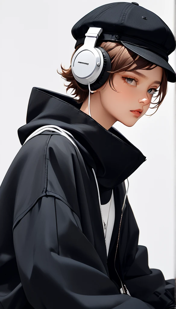 "A young woman with long bright brown hair, bright skin, and the soft expression , wearing an oversized black jacket. She wears silver headphones around her neck and has earrings in her right ear.  The background is plain white ,wearing black shoes, and hat ."