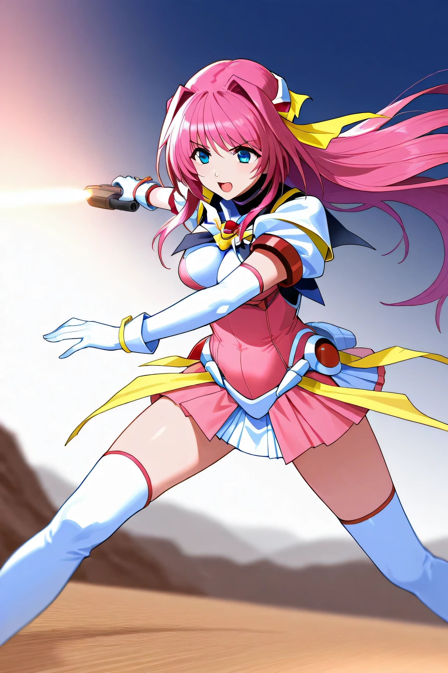 During combat, Escalayer, pink hair, long hair, hair_ ornament , blue eyes, pink dress, white long glove, thigh_boots,