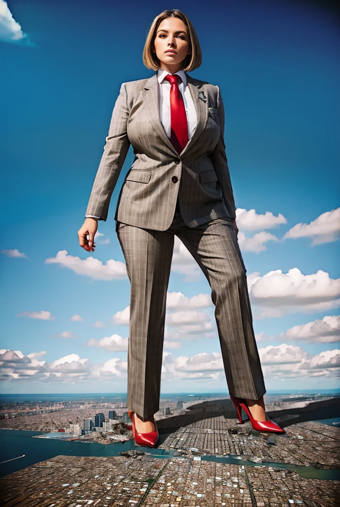 view from outer space of an approaching young giga giantess, Giantess art, 500 miles tall giga giantess, young sophisticated and stylish woman in a light grey italian pinstriped trouser suit, form fitting crisp office shirt, and a large wide light blue necktie in a windsor knot, with a beautiful, curvaceous figure, large natural breasts, and short blonde pixie hair, with a curvaceous figure and massive breasts. wearing blue rounded court high heels with uncovered feet and standing, rampage-like pose, with a city skyscrapers background of mega-city, skyscapers, bright daylight, cloudy atmosphere. The image is a high-resolution, masterpiece-quality, cinematic, ultra-detailed, and hyper-photorealistic photograph, with perfect hands, face, and lighting. ultra-detailed, 8K, photo-realistic, hyper-realistic, masterpiece, intricate details, full body view. Looking pasted camera, The image is a high-resolution, masterpiece-quality, cinematic, ultra-detailed, and hyper-photorealistic photograph, with perfect hands, face, and lighting. ultra-detailed, 8K, photo-realistic, hyper-realistic, masterpiece, intricate details, from high above