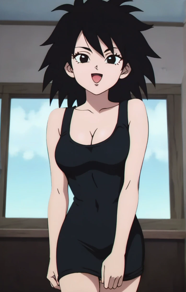 source_anime, score_9, score_8_up, score_7_up, anime screencap, absurd res, official style, gine, 1girl, breasts, cowboy looking at viewer, smile, short black hair, open mouth, black hair, cleavage, smile, bare shoulders, medium breasts, collarbone, cowboy shot, upper body, black eyes, eyelashes, spiked hair, arms at sides, a black mini dress, indoor room
