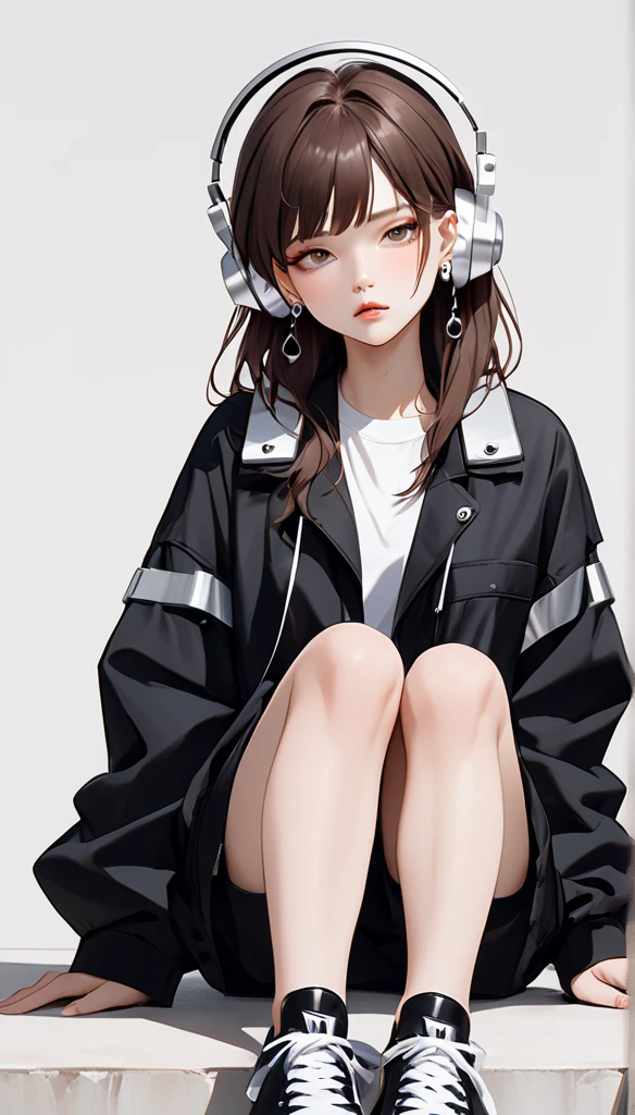 "A young woman with long bright brown hair, bright skin, and the soft expression , wearing an oversized black jacket. She wears silver headphones around her neck and has earrings in her right ear.  The background is plain white , sitting wearing black shoes."