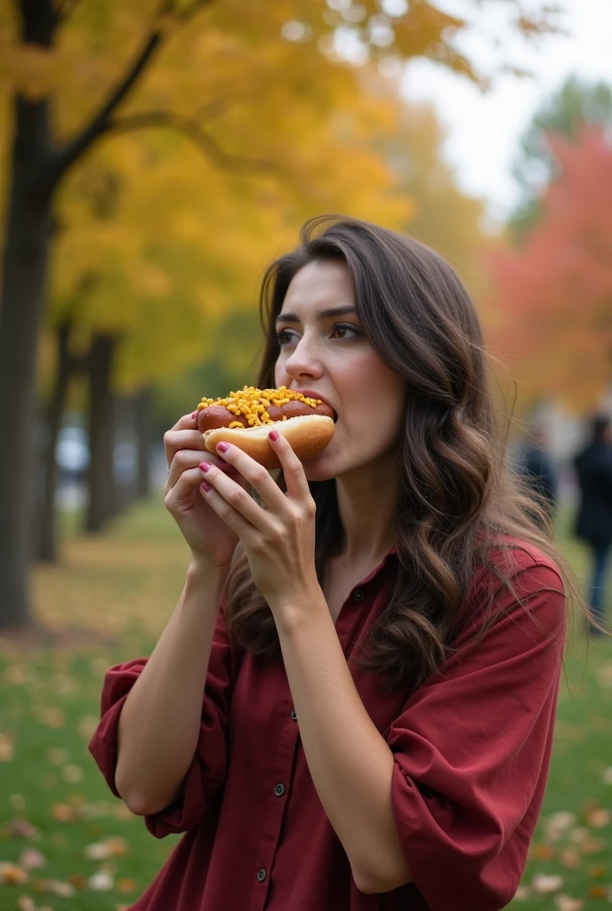 White Girl in a shoulder sweater bikini eating hotdogs