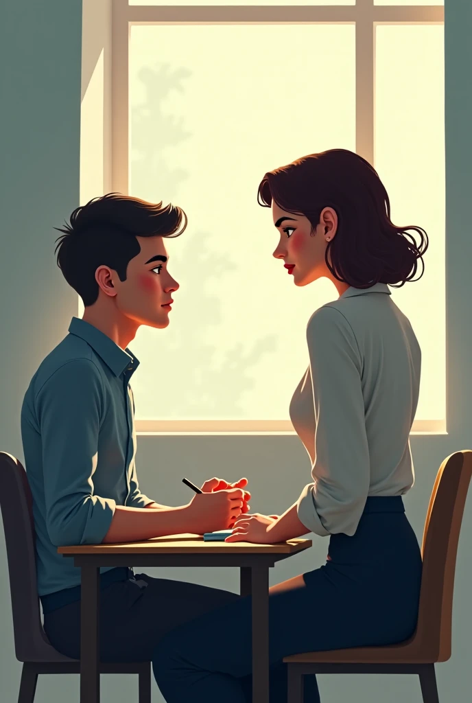 A 40 year old student with short gray hair, tall and strong, handsome, in the classroom, sitting at his desk, he is looking up at her.. The teacher with Spanish features, wearing a shirt and skirt, has glasses and a ruler in her hand, is leaning on the student's desk and looks down at him to give him a lesson. ,, sexy tone and animation