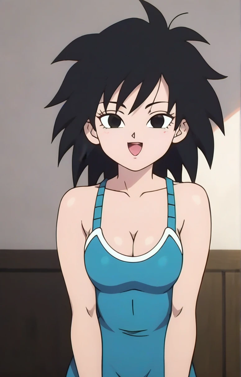 source_anime, score_9, score_8_up, score_7_up, anime screencap, absurd res, official style, gine, 1girl, breasts, cowboy looking at viewer, smile, short black hair, close mouth, black hair, cleavage, smile, bare shoulders, medium breasts, collarbone, cowboy shot, upper body, black eyes, eyelashes, spiked hair, arms at sides, a black mini dress, indoor room
