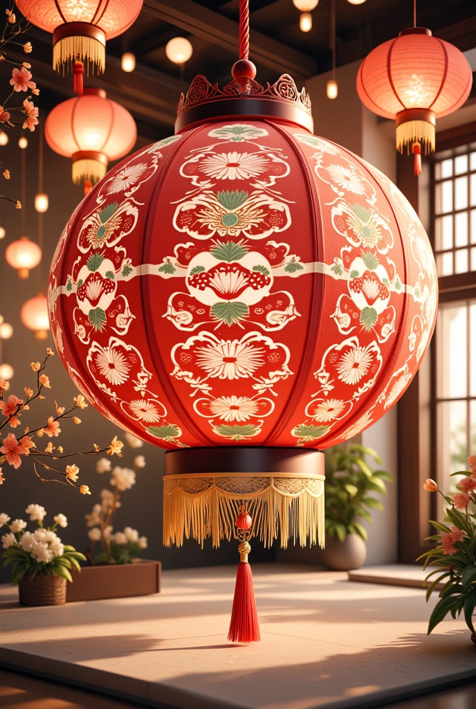 This is a digital artwork celebrating the Chinese New Year,specifically the year 2025,rendered in a vibrant,detailed,and slightly stylized CGI style. The main subject is a large,ornate red lantern with intricate,