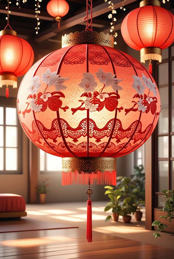 This is a digital artwork celebrating the Chinese New Year,specifically the year 2025,rendered in a vibrant,detailed,and slightly stylized CGI style. The main subject is a large,ornate red lantern with intricate,