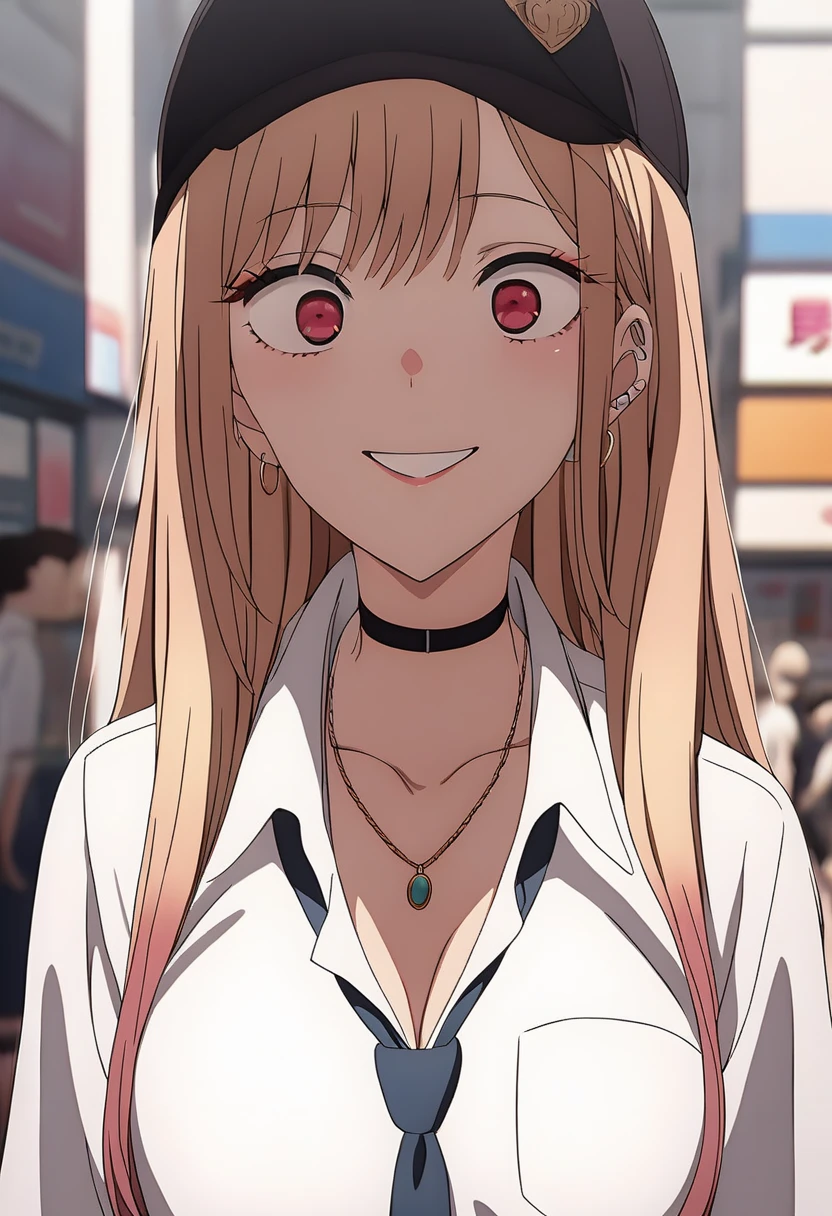 (score_9_ up, score_8_ up, score_7_ up), (masterpiece,  top quality ,  ULTRA DETAIL,  detailed information, source Anime,  high res, Smooth Lines), Mari Kitagawa,  1 girl, Alone,  long hair, chest,  looking at viewers, smile, bangs, Blonde, large chest,  red eyes,   jewelry, medium chest, Multi-coloured hair,  earrings for women with first name,  choker ,  necklace, black  choker ,  piercing above spo, ear  piercing above spo, ,  white shirt,  shirt with tie ,  blue tie ,  Plaid Skirt, Anime,Shake your chest, My body is being taken over by an old man,Possession, grabs the breast ,nude,crazy smile, viewers,in a baleful look ,Crazy smile,Big Breasts