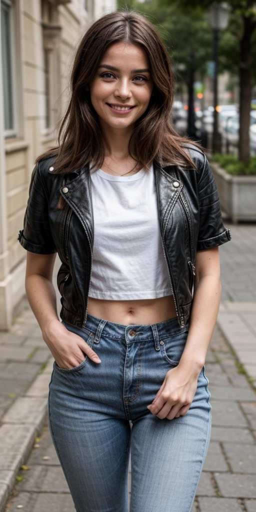 (tmasterpiece:1.2, Best quality at best), 1 woman, Alone, The upper part of the body, large tities, A chic and edgy leather jacket paired with a classic white T-shirt and distressed jeans, minimal makeup and a messy bun，Confident and relaxed (music festival or trendy city center neighborhood) Statement sunglasses and chunky jewelry, Comes with crossbody bag，Easy to carry