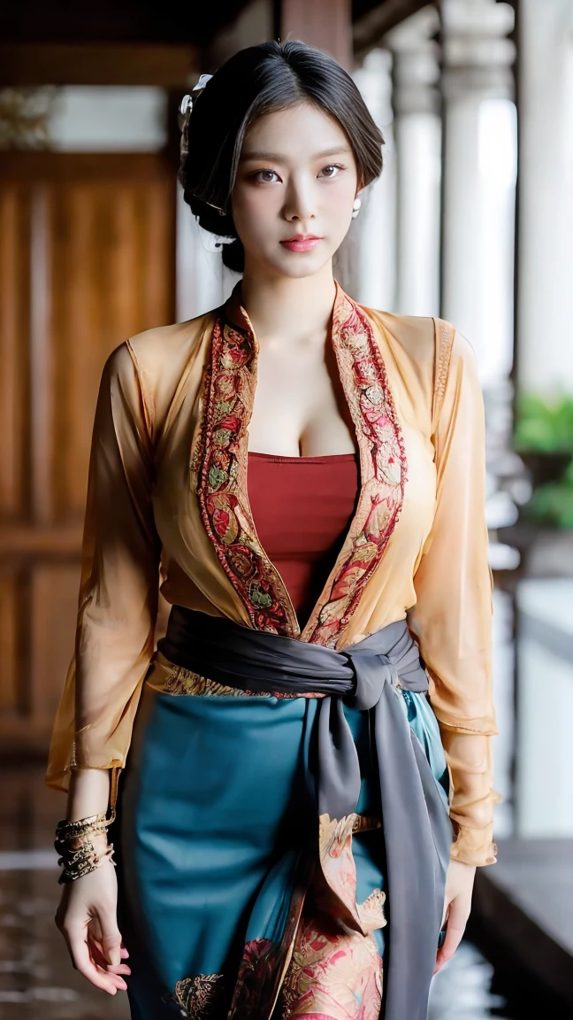 masterpiece, korean woman ,ultra realistic,32k,intricate details, sharp focus, realistic, closed, seductive pose, black eyes, jewelr, lips, realistic, looking_at_viewer, wet skin, shiny skin, SHORT SLEVES, indonesian clothes, bali, balinese, cityscape, transparent standing pose,((red kebaya)),full body,busty body,curvy body,long hair,beauty face,cowboy shot,