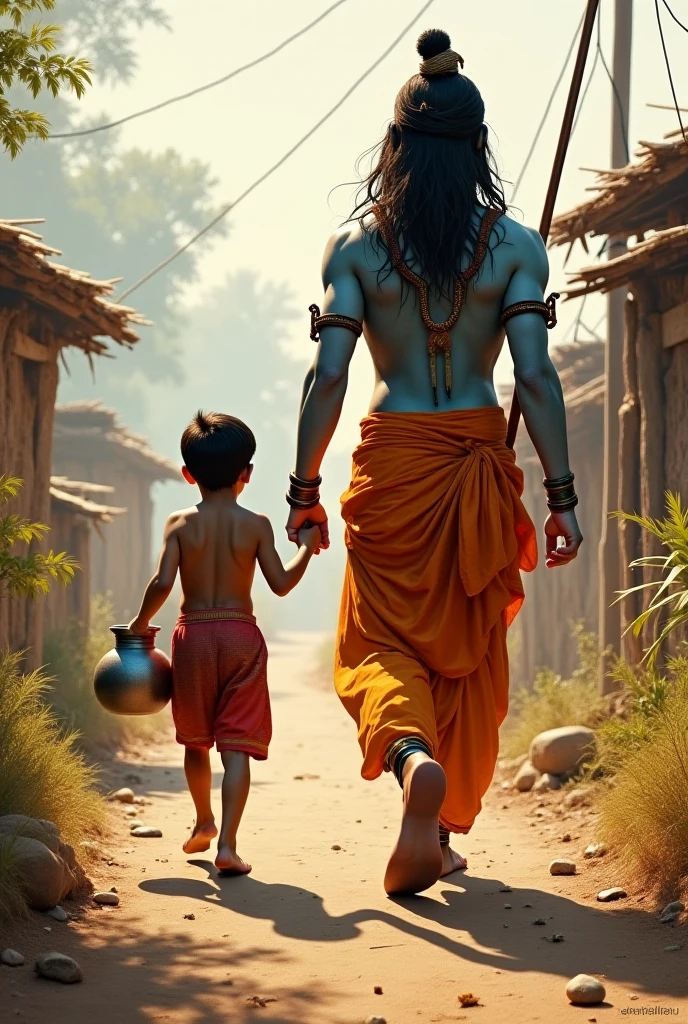 A wearing an orange T-shirt with 'Ram Bhakt' written on it is walking hand in hand with Lord Hanuman, a majestic and traditional Hindu deity. The boy is smiling, looking content and happy. Lord Hanuman is shown in his traditional form with a head crown, holding a mace and blessing the boy. They are walking together on a modern city street against a backdrop of houses and trees. The scene is bright and colourful, reflecting a blend of tradition and modernity.