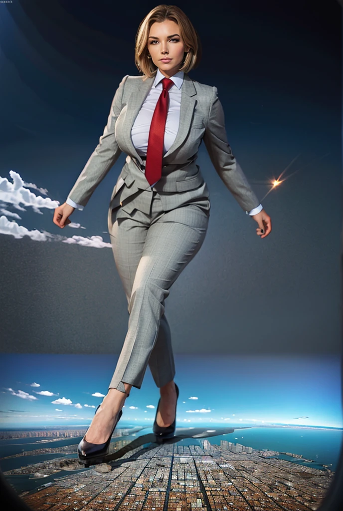 view from outer space of an approaching young giga giantess, Giantess art, 500 miles tall giga giantess, young sophisticated and stylish woman in a light grey italian pinstriped double breasted trouser suit, form fitting crisp office shirt, and a large wide light blue necktie in a windsor knot, with a beautiful, curvaceous figure, large natural breasts, and short blonde pixie hair, with a curvaceous figure and massive breasts. wearing blue rounded court high heels with uncovered feet and standing, rampage-like pose, with a city skyscrapers background of mega-city, skyscapers, bright daylight, cloudy atmosphere. The image is a high-resolution, masterpiece-quality, cinematic, ultra-detailed, and hyper-photorealistic photograph, with perfect hands, face, and lighting. ultra-detailed, 8K, photo-realistic, hyper-realistic, masterpiece, intricate details, full body view. Looking pasted camera, The image is a high-resolution, masterpiece-quality, cinematic, ultra-detailed, and hyper-photorealistic photograph, with perfect hands, face, and lighting. ultra-detailed, 8K, photo-realistic, hyper-realistic, masterpiece, intricate details, from high above