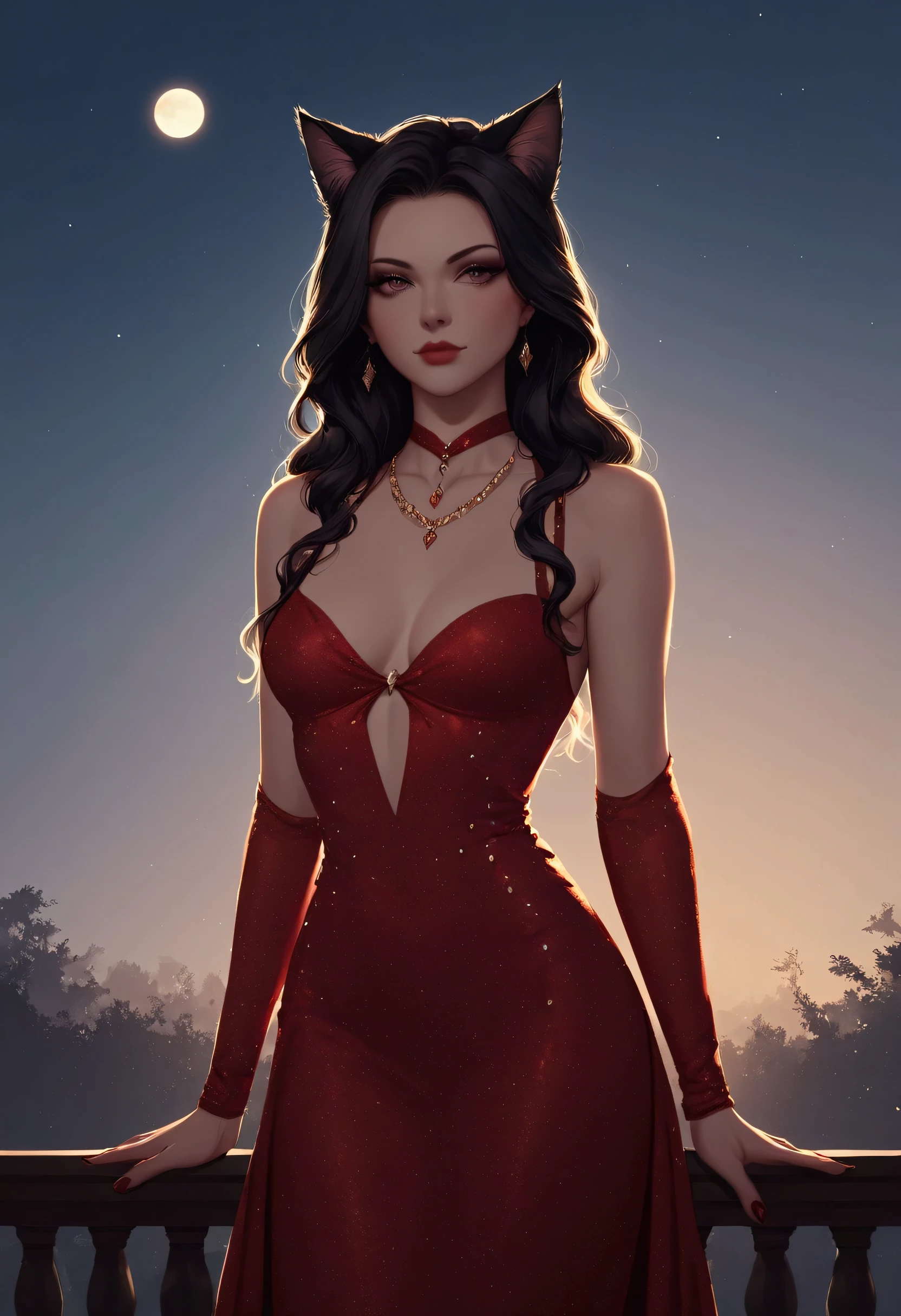 score_9, score_8_up, score_7_up, score_6_up, score_5_up, score_4_up, a picture of a beautiful woman, with cat ears, long hair, wearing black black and red dress, studded with diamonds,  small cleavage, it is night, the moon in the sky, moon rays caress her, silhouette, Haute_Couture, Cinematic Shot