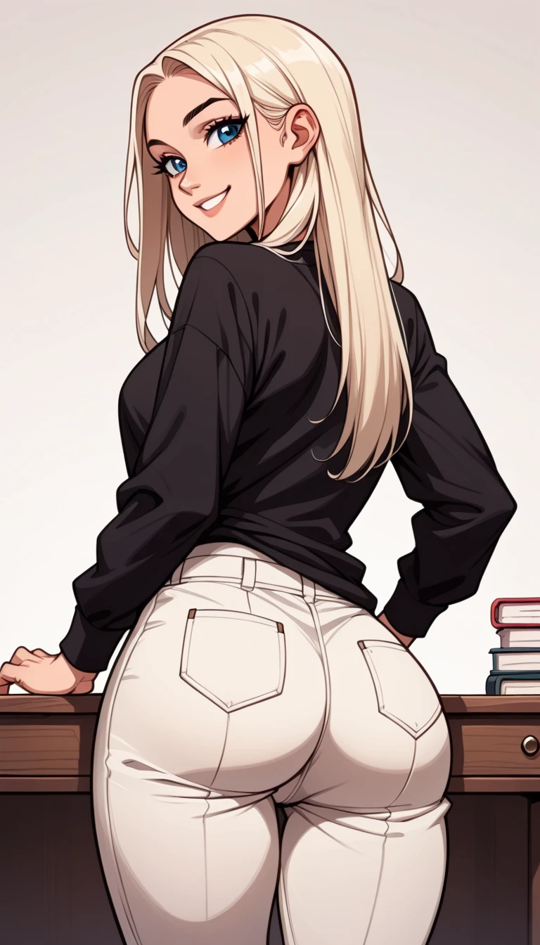 , 1 girl ( blond hair, long hair,half-closed blue eyes ),(((He wears a black long sleeve shirt and long white linen pants))),Alone, (desk), ((adult:1.4)), ( lower body :0.9), (( looking back )),  looking at the viewer, (five fingers), mischievous smile, (  wide hips :1.4), ( thick legs :1.4)