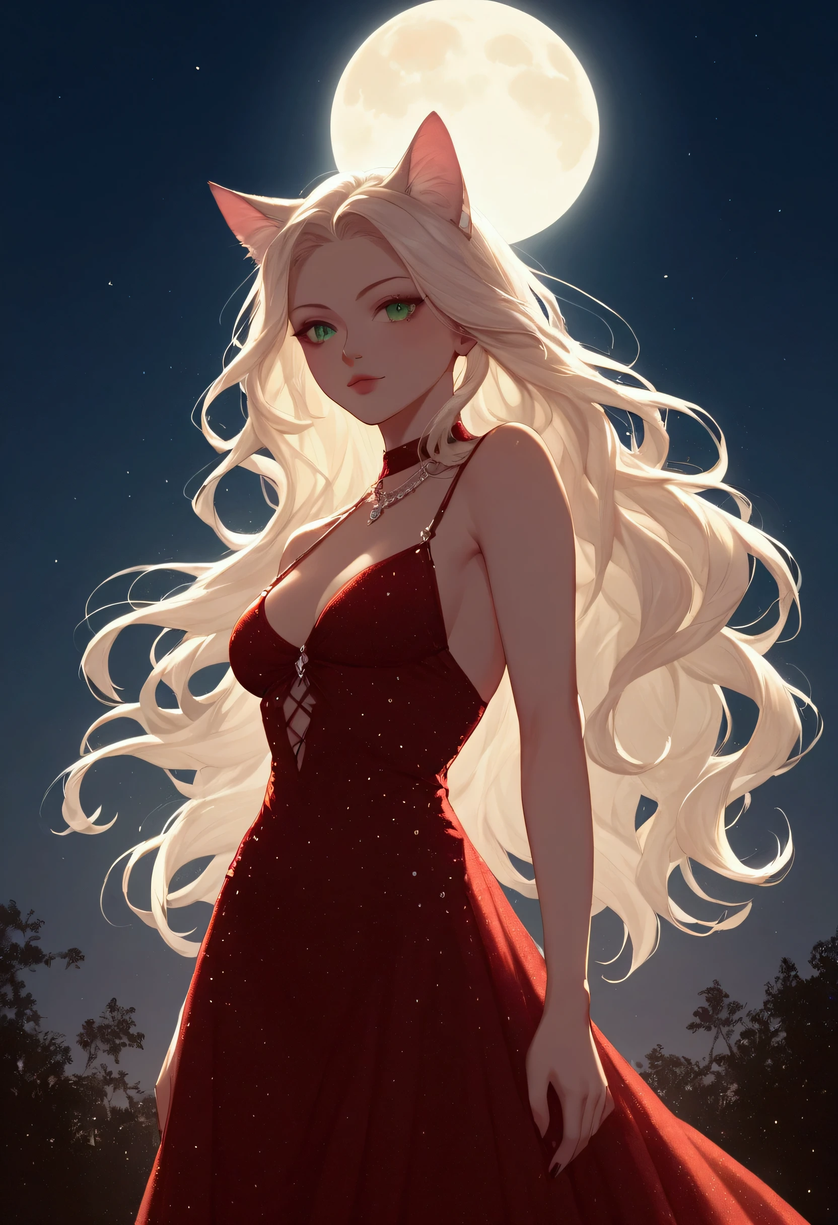 score_9, score_8_up, score_7_up, score_6_up, score_5_up, score_4_up, a picture of a beautiful woman, with cat ears, long hair, feline green eyes, wearing black black and red dress, studded with diamonds, small cleavage, it is night, the moon in the sky, moon rays caress her, silhouette, Haute_Couture, Cinematic Shot