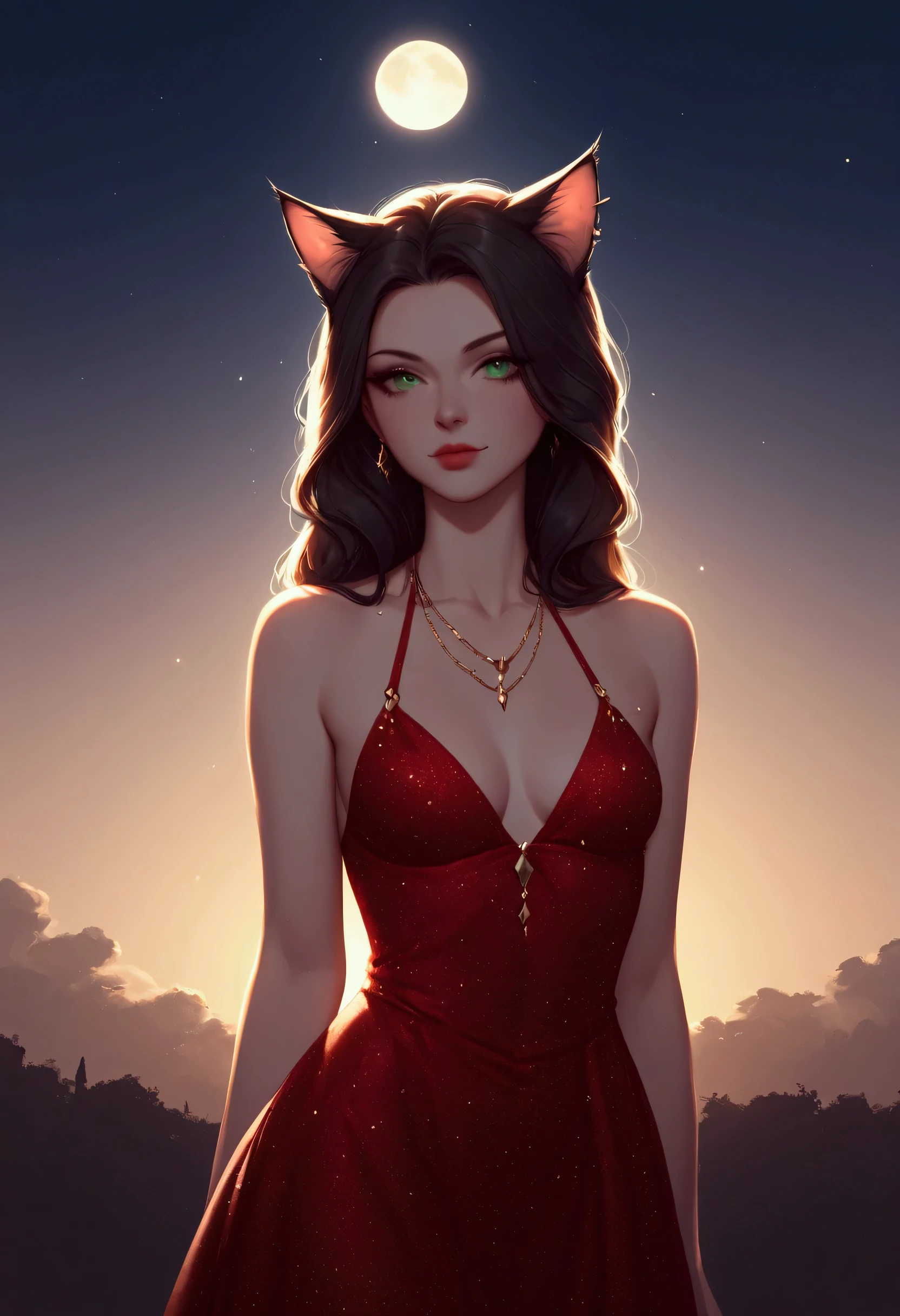 score_9, score_8_up, score_7_up, score_6_up, score_5_up, score_4_up, a picture of a beautiful woman, with cat ears, long hair, feline green eyes, wearing black black and red dress, studded with diamonds, small cleavage, it is night, the moon in the sky, moon rays caress her, silhouette, Haute_Couture, Cinematic Shot