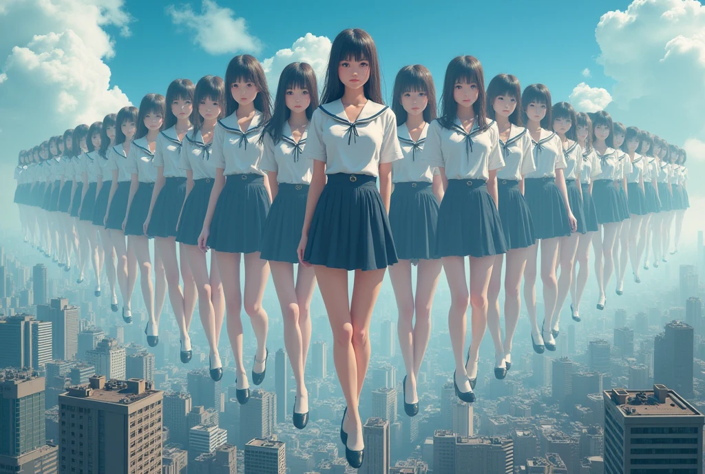 (((Best Super High quality giant Clone girls Raw Photography Art))), (((16K, Highest quality, Ultra-high resolution, RAW Photos))), (((((It&#39;s a very unrealistic and delusional worldview.))))), A high school girl with thick black hair, Light blue short sleeve uniform, Blue and white striped mini skirt, White socks, Black leather shoes, Very detailed美しい女体, Very detailed完璧な体の構造, ((Big Breasts)), (((A seductive smile))), (((((Extremely detailed depiction, Super huge beautiful girl, 50,000ft, High school girls are much taller than skyscrapers, The shoes worn by high school girls are bigger than skyscrapers))))), (((((A depiction of a group of gigantic high school girls looking down from high up in the sky))))), (((((small city, Super miniature city, The people in the town are tiny))))), ((((((((Highly detailed cloning depiction, 1giant girl-1,000giant clone-girls)))))))), (Very detailed, The detailed depiction of the proliferation of Clone-girls, ((With perfectly identical Clone-girls&#39; bodies, With the exact same face as Clone-girls, With the exact same hairstyle as Clone-girls, Dressed exactly like the Clone-girls, Exactly the same height as the Clone-girls, 完璧にClone-girlsと同じ超Big Breasts), (((((1,000giant Clone-girls))))), ((There are so many gigantic high school girls that you can barely move your feet., A bunch of high school girls crush and smash a skyscraper with their feet, Destroying cities, rubble scattered, Many explosions and smoke at the places where they were stepped on, All skyscrapers are destroyed, The city burns, The city is vacant, The giant shoe&#39;s footprints are so large they dig into the ground.)), City Survivors 0.001％, High school girls have fun