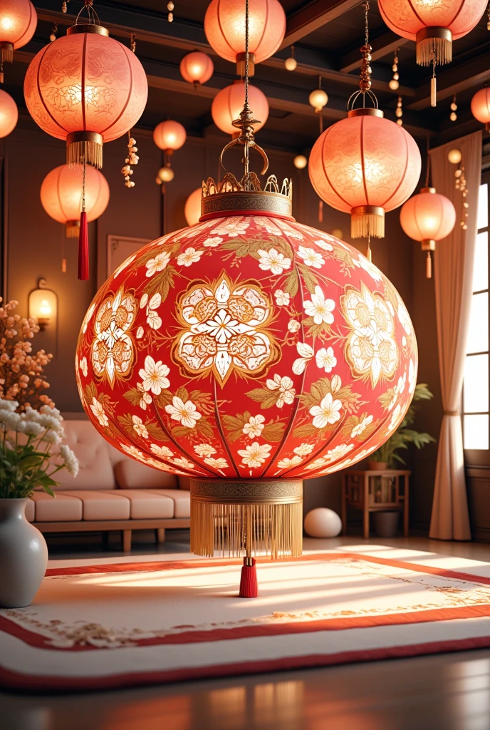 This is a digital artwork celebrating the Chinese New Year,specifically the year 2025,rendered in a vibrant,detailed,and slightly stylized CGI style. The main subject is a large,ornate red lantern with intricate,