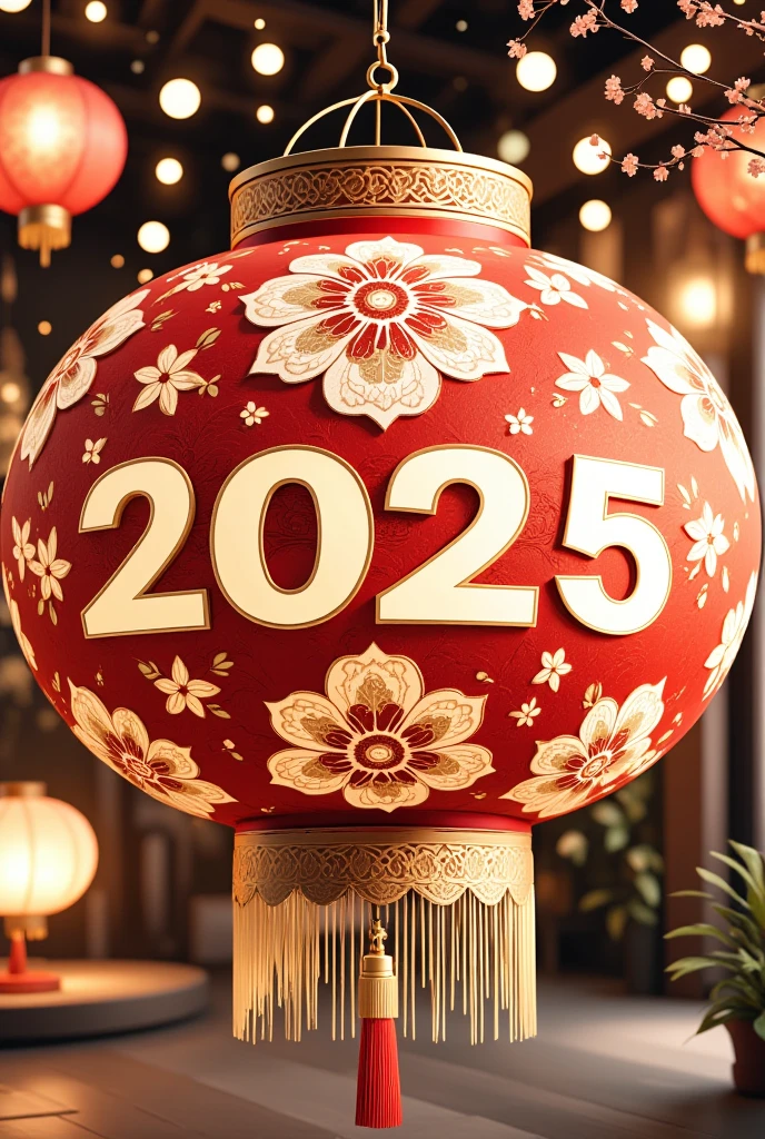 This is a digital artwork celebrating the Chinese New Year,specifically the year 2025,rendered in a vibrant,detailed,and slightly stylized CGI style. The main subject is a large,ornate red lantern with intricate,