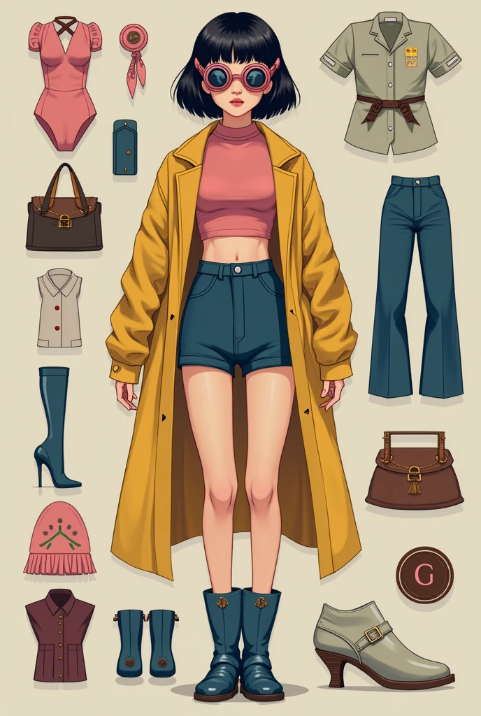 Una versione vittoriana di una ragazza coi capelli corti neri, un top rosa a collo alto, pantaloncini blu e un cappotto giallo. Sulla testa un paio di occhiali google rosa e ai piedi stivali blu
