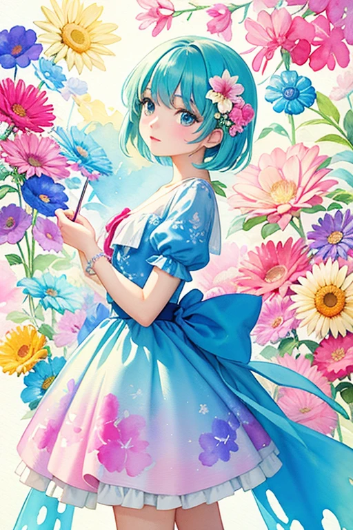 Intense watercolor、Detailed watercolor painting、 avant-garde pop art、Beautiful and expressive paintings、 Beautiful Artistic Illustrations、Colorful flowers、 very colorful hues 、wonderful Cool Beauty、Stylish design、 most beautiful girl、 top quality 、masterpiece、 anime illustration art、 