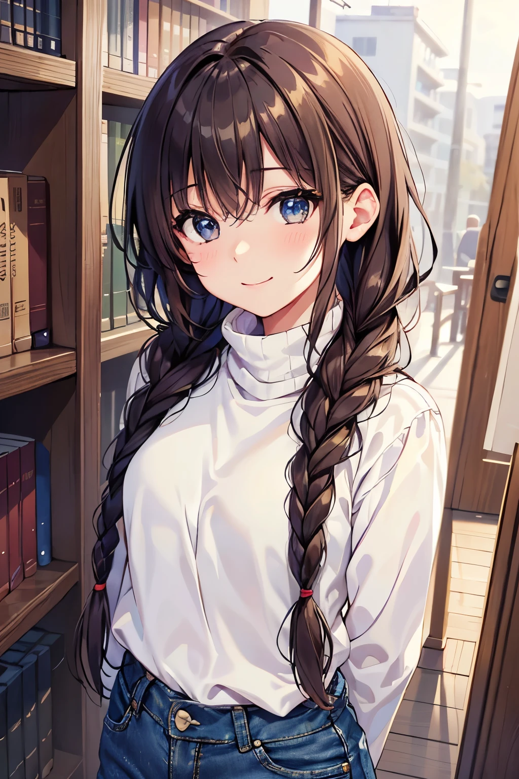 
最 High Quality 、 high res, masterpiece,  High Quality , 最 High Quality ,  beautiful,  perfect lighting,  so cute,
 Alone, ((tight turtleneck rib knit))(( denim pants)), ,
  (( middle of chest)),  wide hips,  , smile,  viewers, , library,  put her arms behind her back ,

Shimazu Yuno、 shiny brown hair , long hair,   hair hanging over shoulders 、((  braided 、	,)), beautiful茶色の目、Sparkling Eyes, fine grain、smile、 super detailed eyes、 highly detailed faces being avenged,   High Detail Eye , cowboy shot、