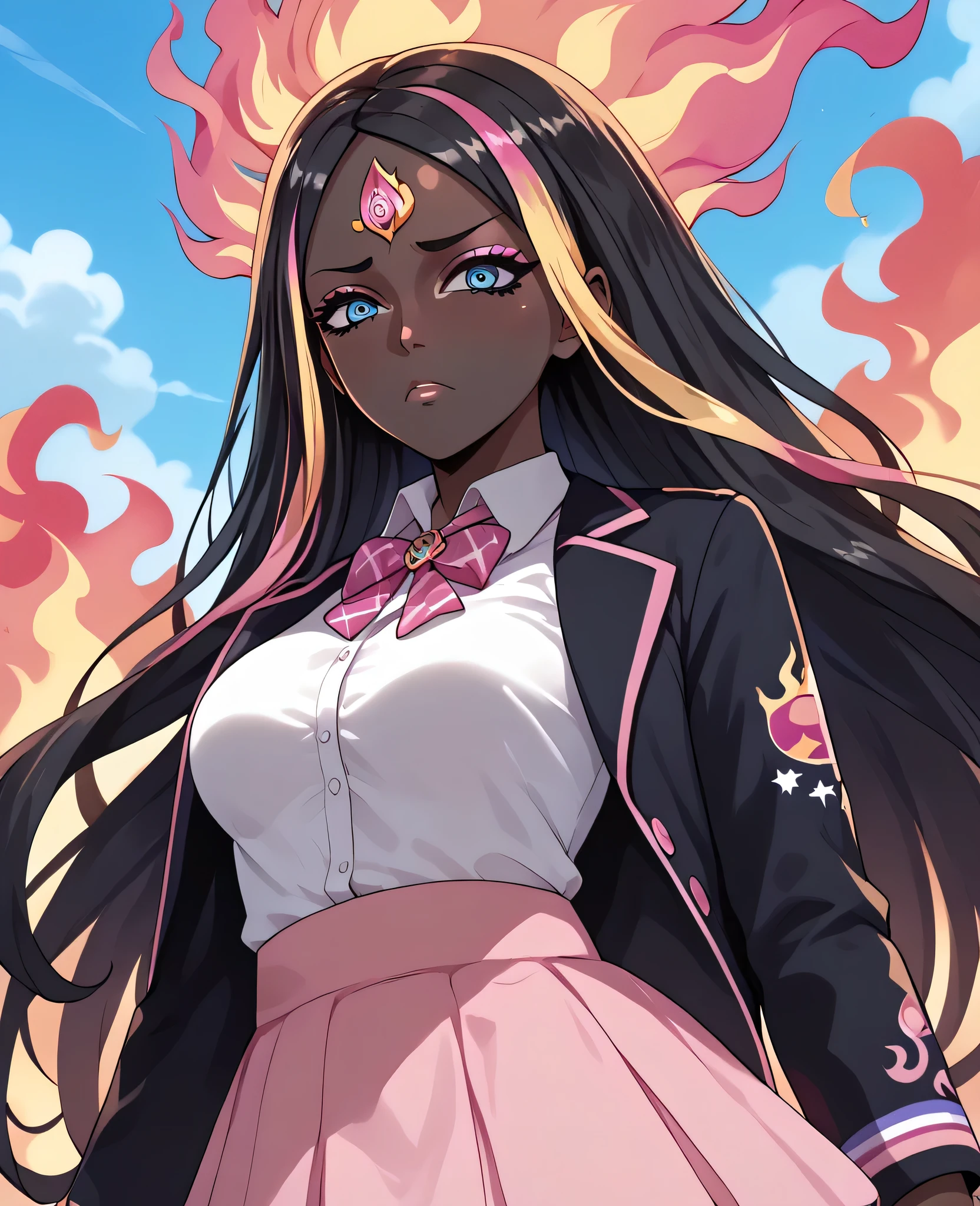 woman, flaming hair, black skin, jentry chau style, anime style, pink fire powers, blue eyes, black hair, third eye on forehead, pink streak, sky, sad, gyaru style, eye on forehead, pink fire, pink flame throne, long hair, medium breasts, skirt