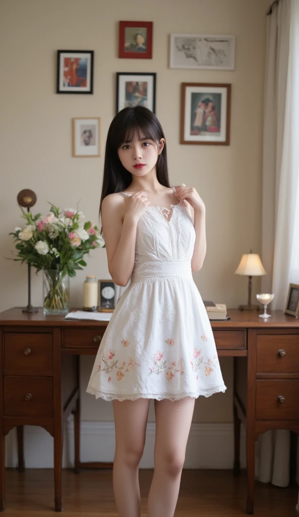 a young woman standing in a room with vintage decor. She is wearing a white dress with floral patterns and long, straight black hair. She is holding onto the straps of her dress with both hands. The room has a wooden desk with a vase of flowers on it, and there are several framed pictures and artworks on the walls. The lighting in the room is soft, casting a gentle glow on the subject. The woman is wearing white socks and white shoes. Her gaze is directed towards the viewer, and she has brown eyes.