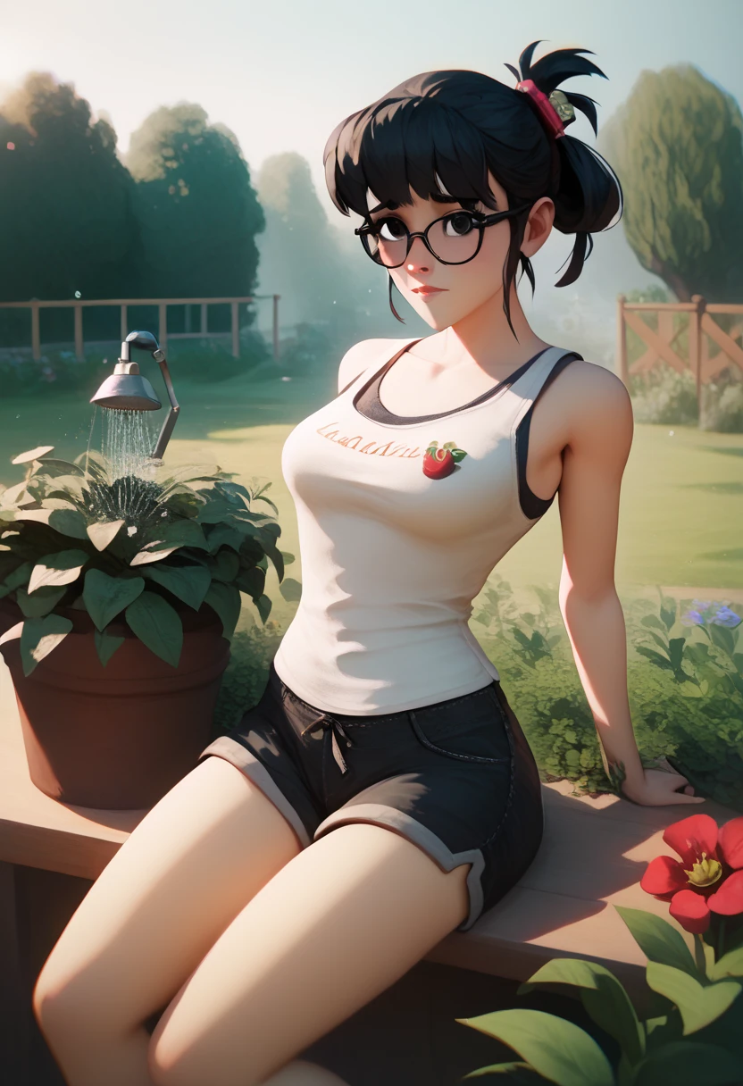 4K,  Masterpiece, สาวGardener,Black hair,Hair tie, Wearing Glasses,black eyes, shy,Gardener, Piran Din ,Tank top,backyard, sexy,Watering  ,นมใหญ่, ,  Shorts,Pose 