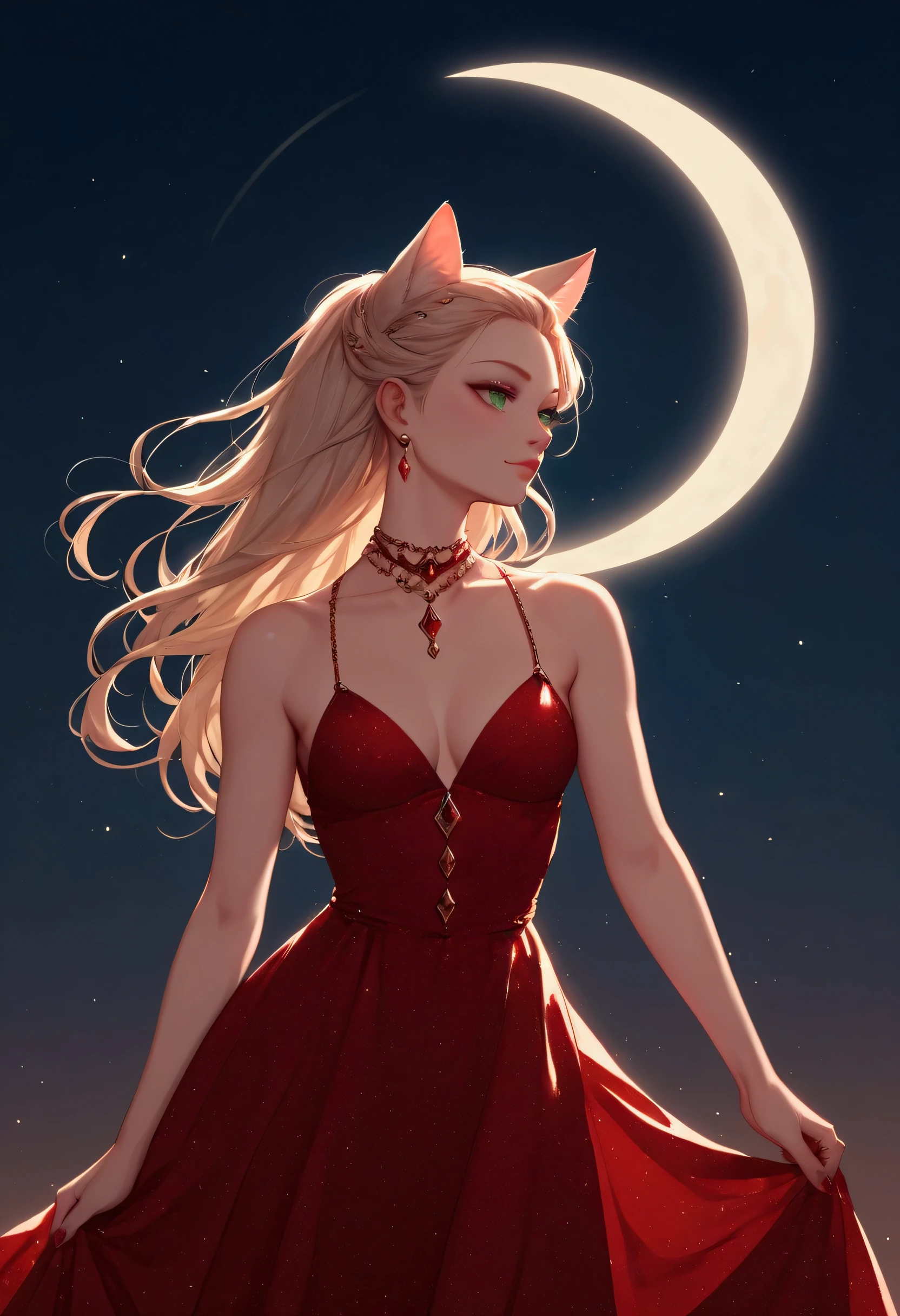 score_9, score_8_up, score_7_up, score_6_up, score_5_up, score_4_up, a picture of a beautiful woman, with cat ears, long hair, feline green eyes, wearing (black and red dress: 1.3), studded with diamonds, small cleavage, it is night, the moon in the sky, moon rays caress her, silhouette, Haute_Couture, Cinematic Shot