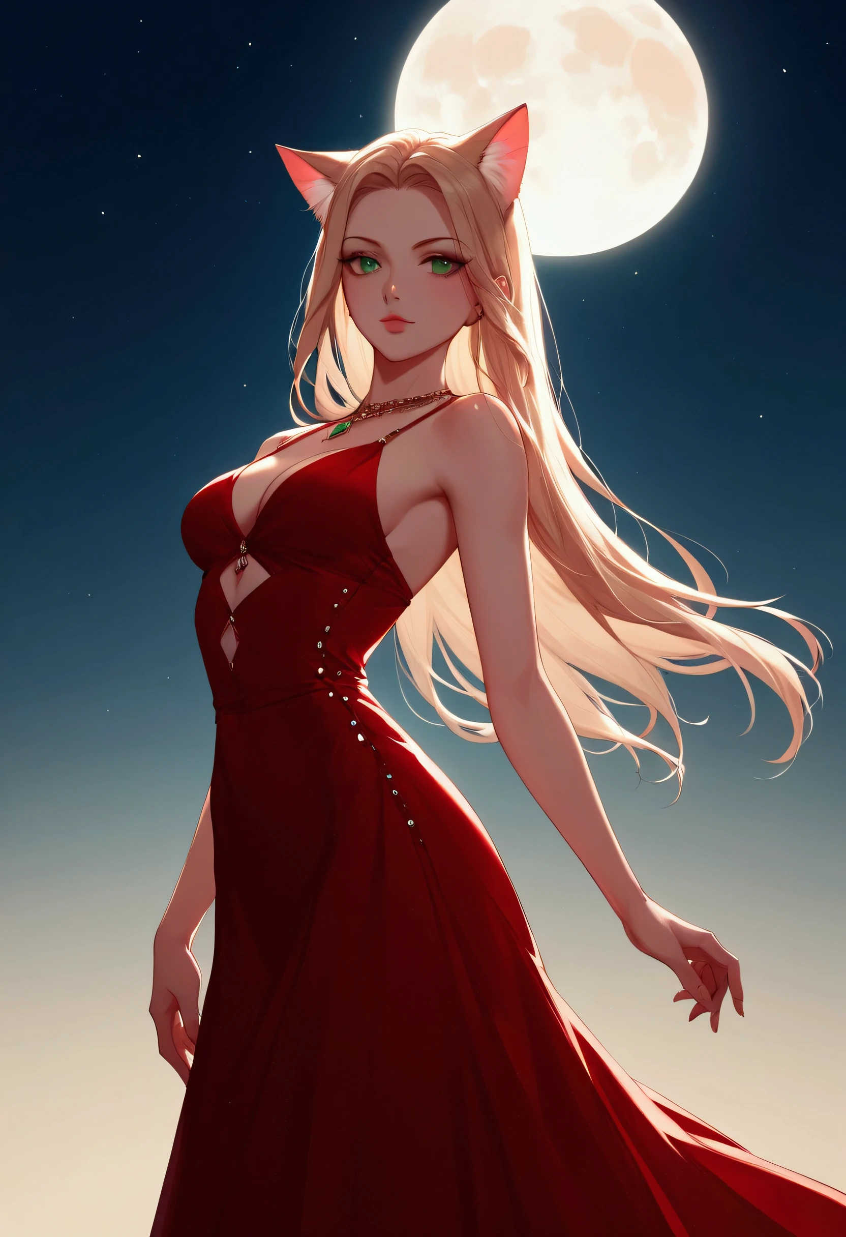 score_9, score_8_up, score_7_up, score_6_up, score_5_up, score_4_up, a picture of a beautiful woman, with cat ears, long hair, feline green eyes, wearing (black and red dress: 1.3), studded with diamonds, small cleavage, it is night, the moon in the sky, moon rays caress her, silhouette, Haute_Couture, Cinematic Shot