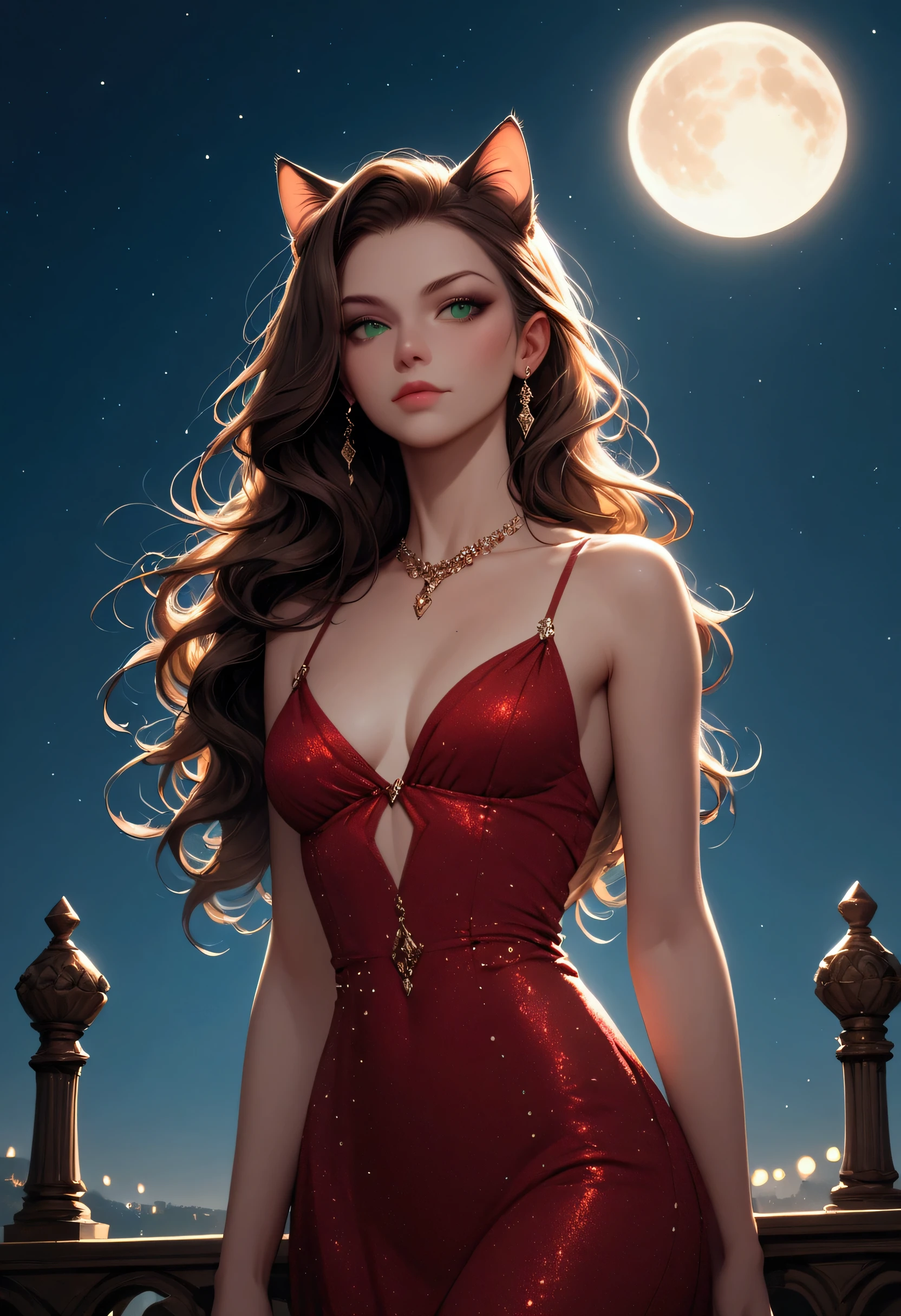 score_9, score_8_up, score_7_up, score_6_up, score_5_up, score_4_up, a picture of a beautiful woman, with cat ears, long hair, feline green eyes, wearing black and red dress, studded with diamonds, small cleavage, it is night, the moon in the sky, moon rays caress her, silhouette, Haute_Couture, Cinematic Shot